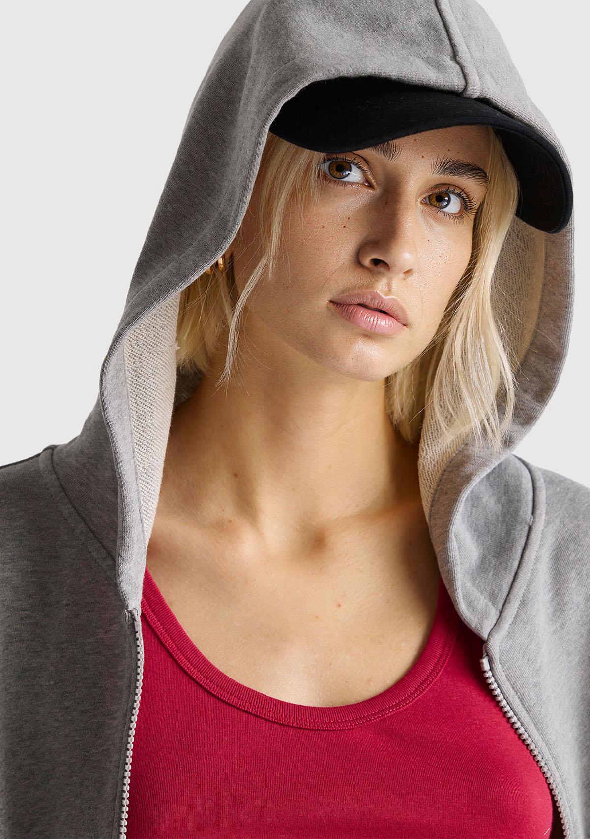 Kadın Gri Melanj Logo Baskı Detaylı Kapüşonlu Relax Fit Sweatshirt