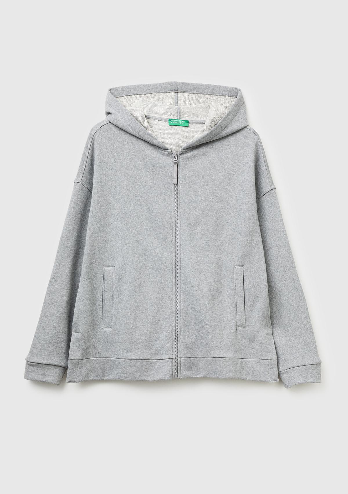 Kadın Gri Melanj Logo Baskı Detaylı Kapüşonlu Relax Fit Sweatshirt