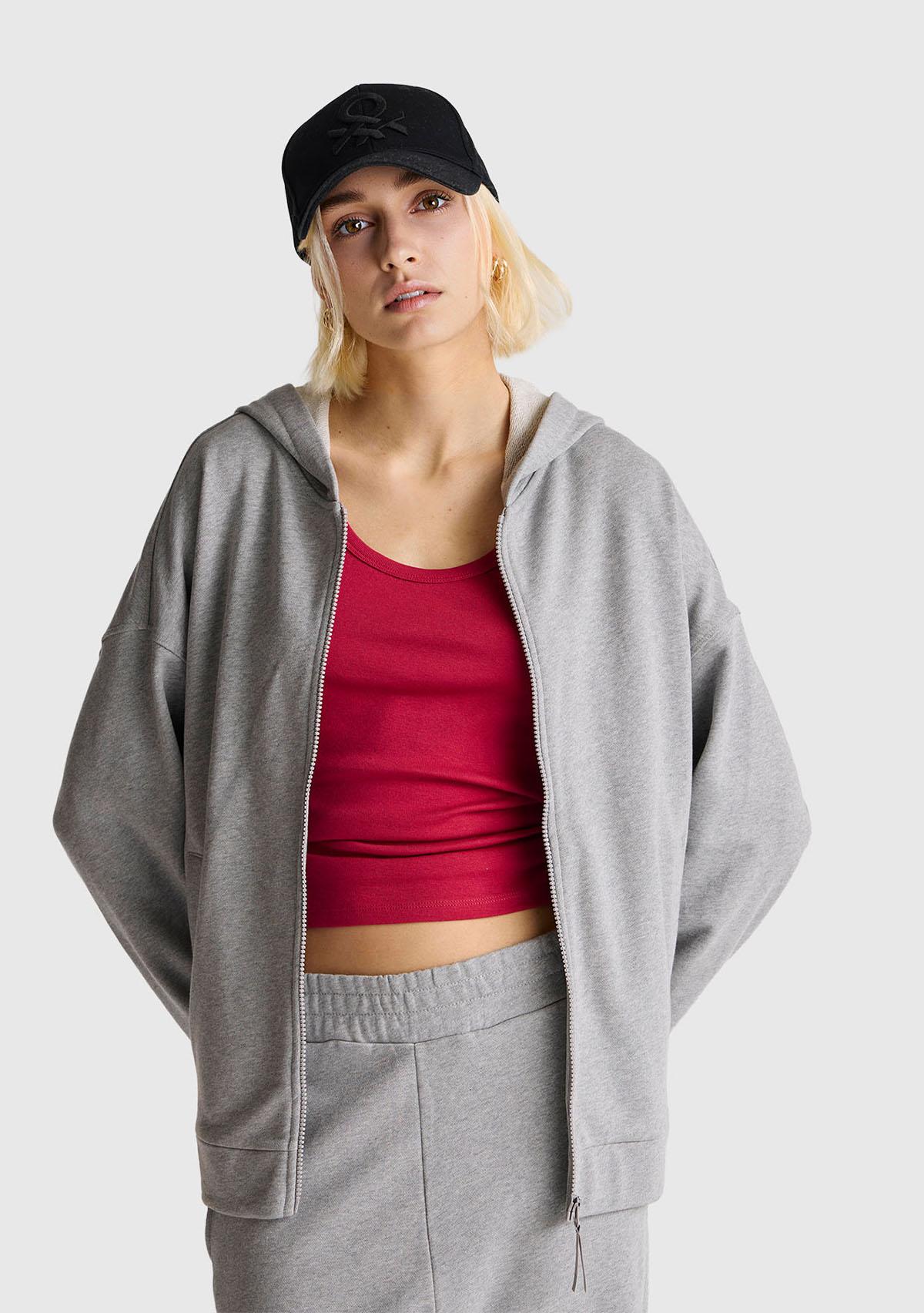 Kadın Gri Melanj Logo Baskı Detaylı Kapüşonlu Relax Fit Sweatshirt