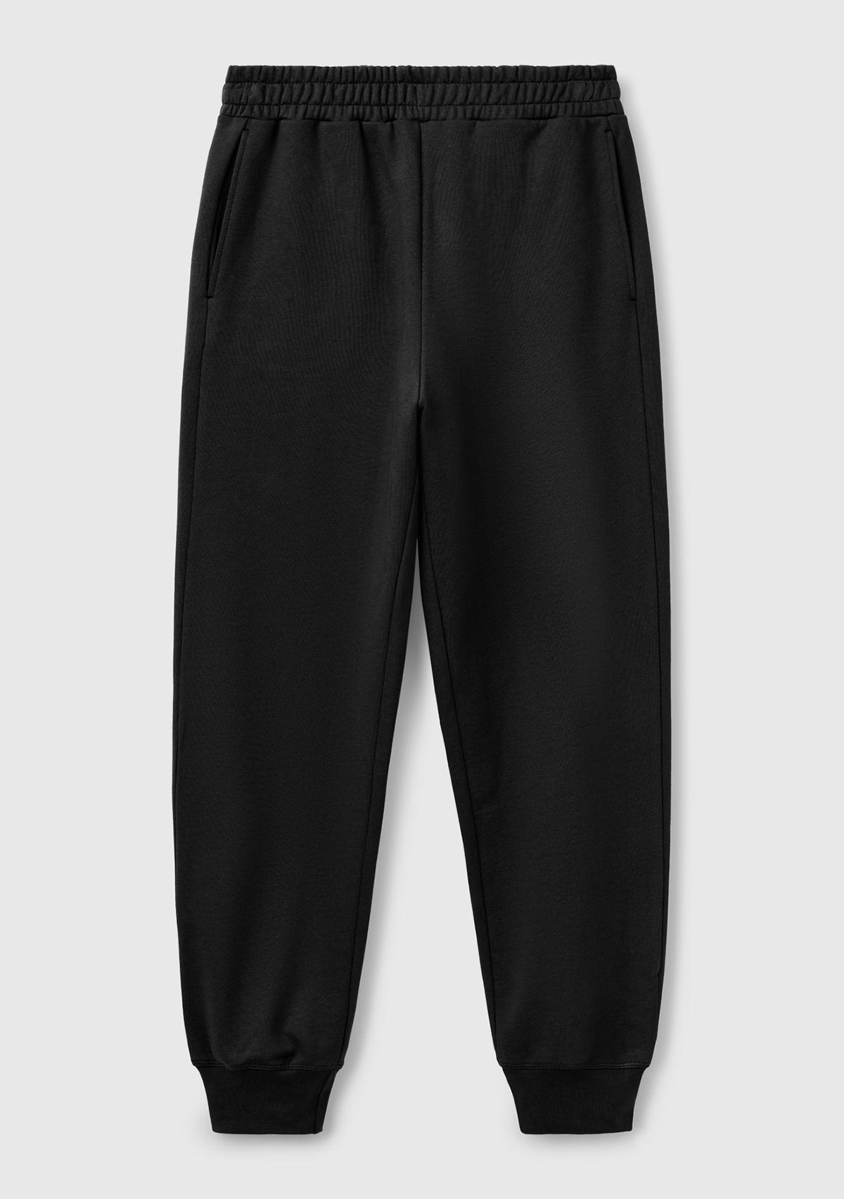 Kadın Siyah %100 Pamuk Manşetli Beli Lastikli Regular Fit Eşofman Altı