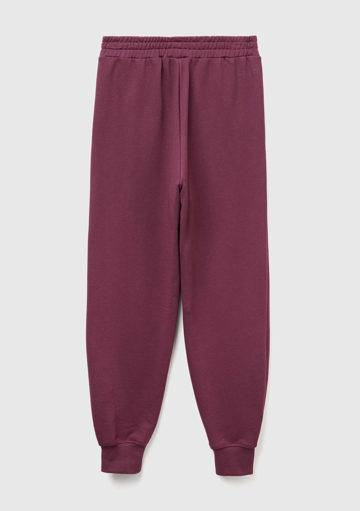 Kadın Mürdüm %100 Pamuk Manşetli Beli Lastikli Regular Fit Eşofman Altı