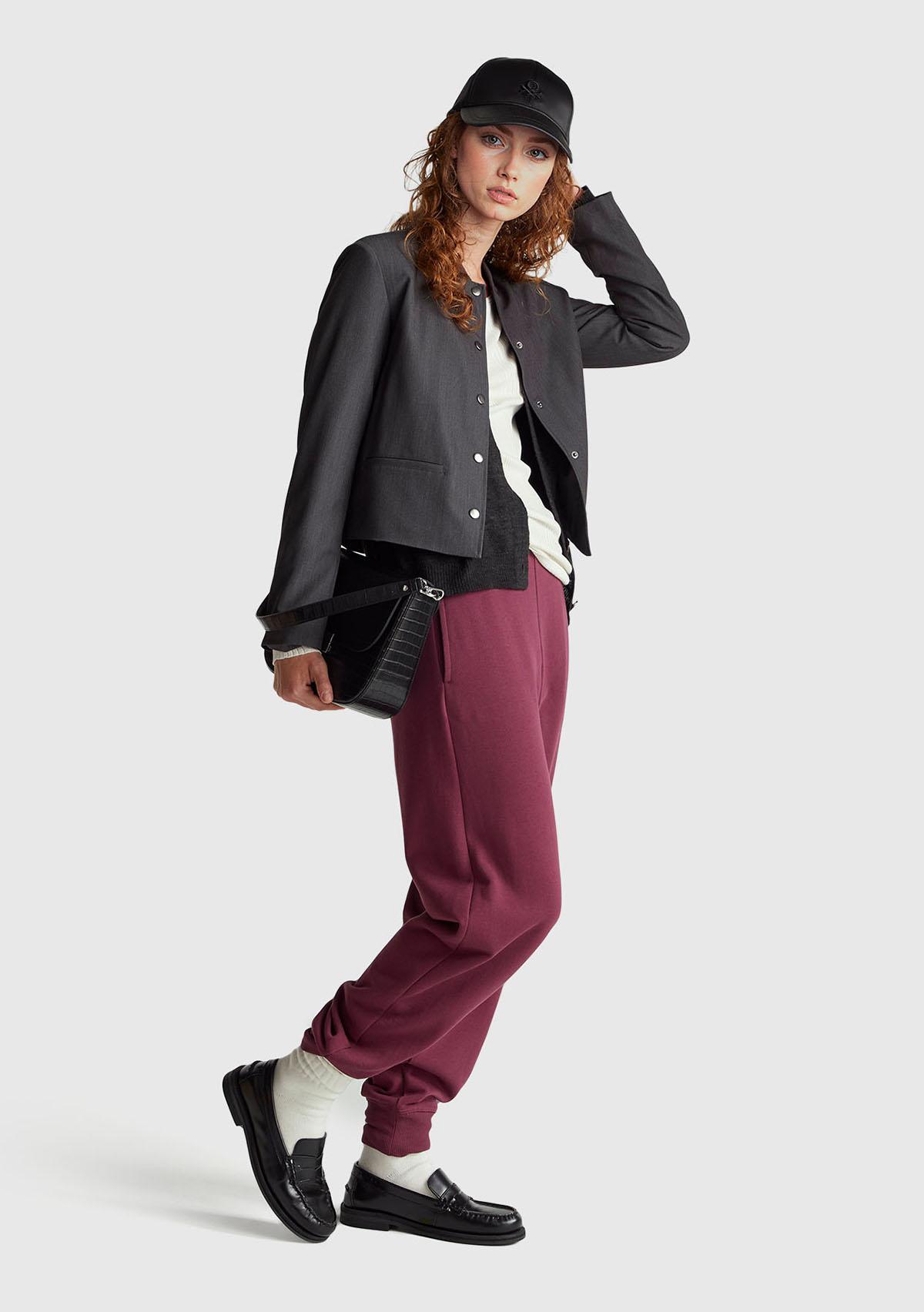 Kadın Mürdüm %100 Pamuk Manşetli Beli Lastikli Regular Fit Eşofman Altı