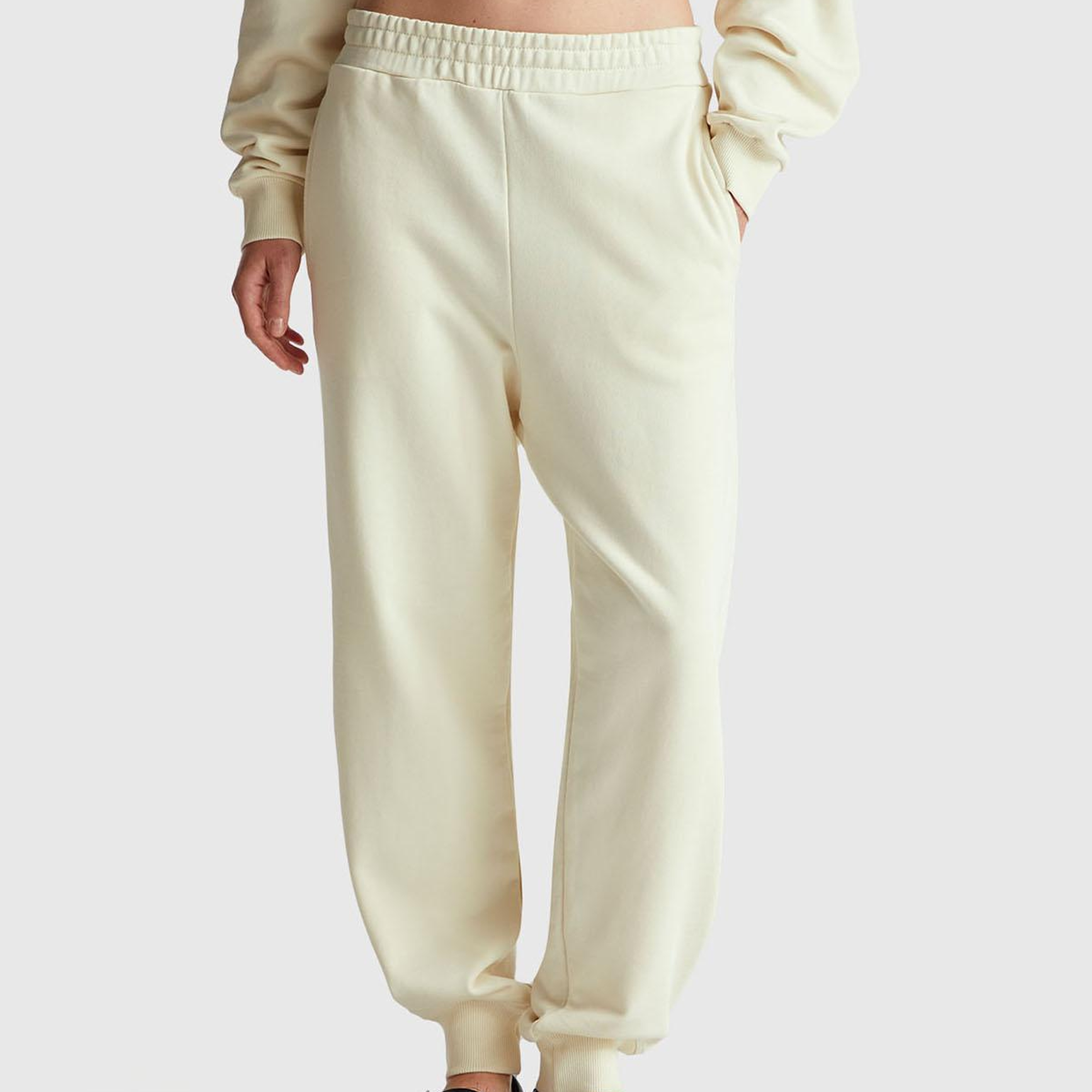 Kadın Krem %100 Pamuk Manşetli Beli Lastikli Regular Fit Eşofman Altı