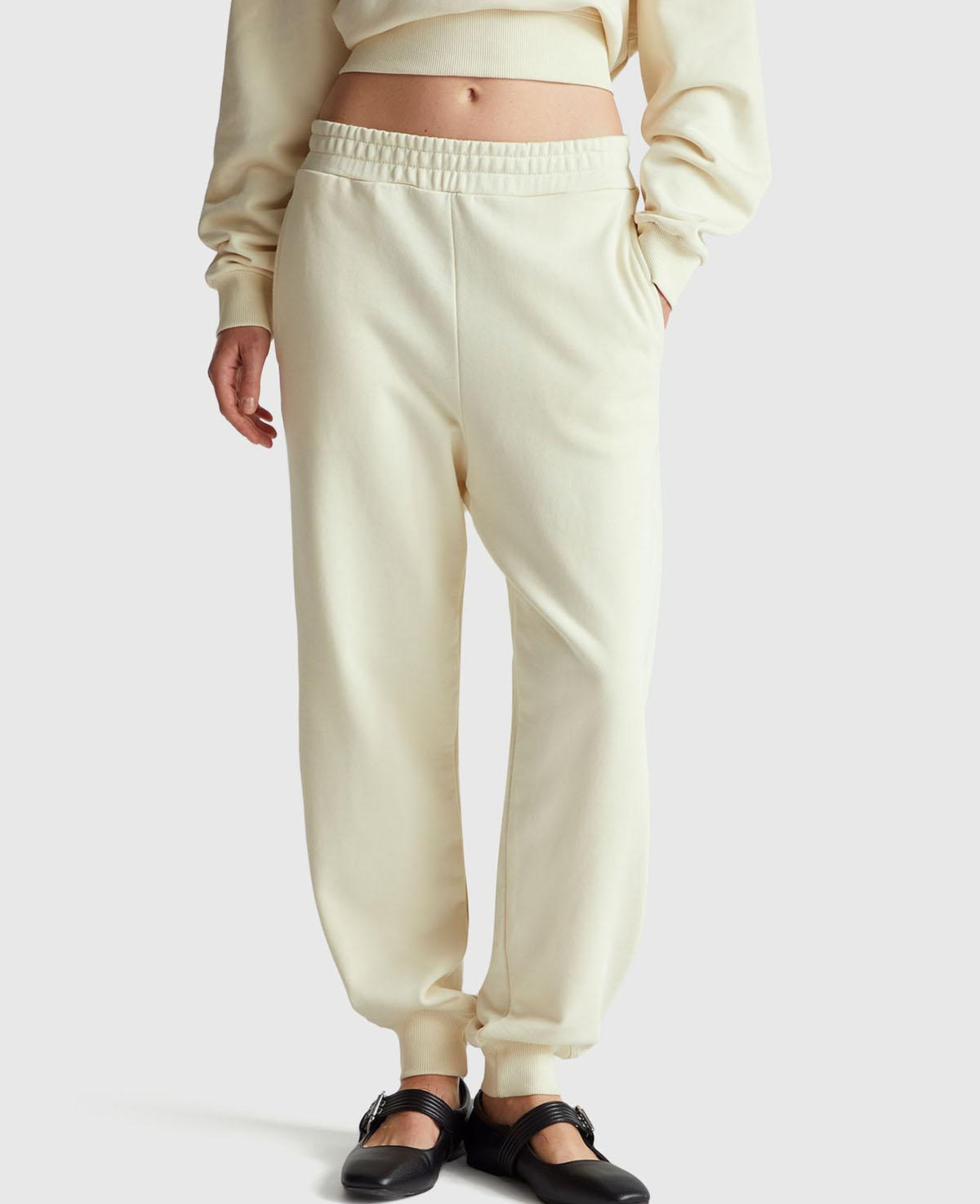 Kadın Krem %100 Pamuk Manşetli Beli Lastikli Regular Fit Eşofman Altı