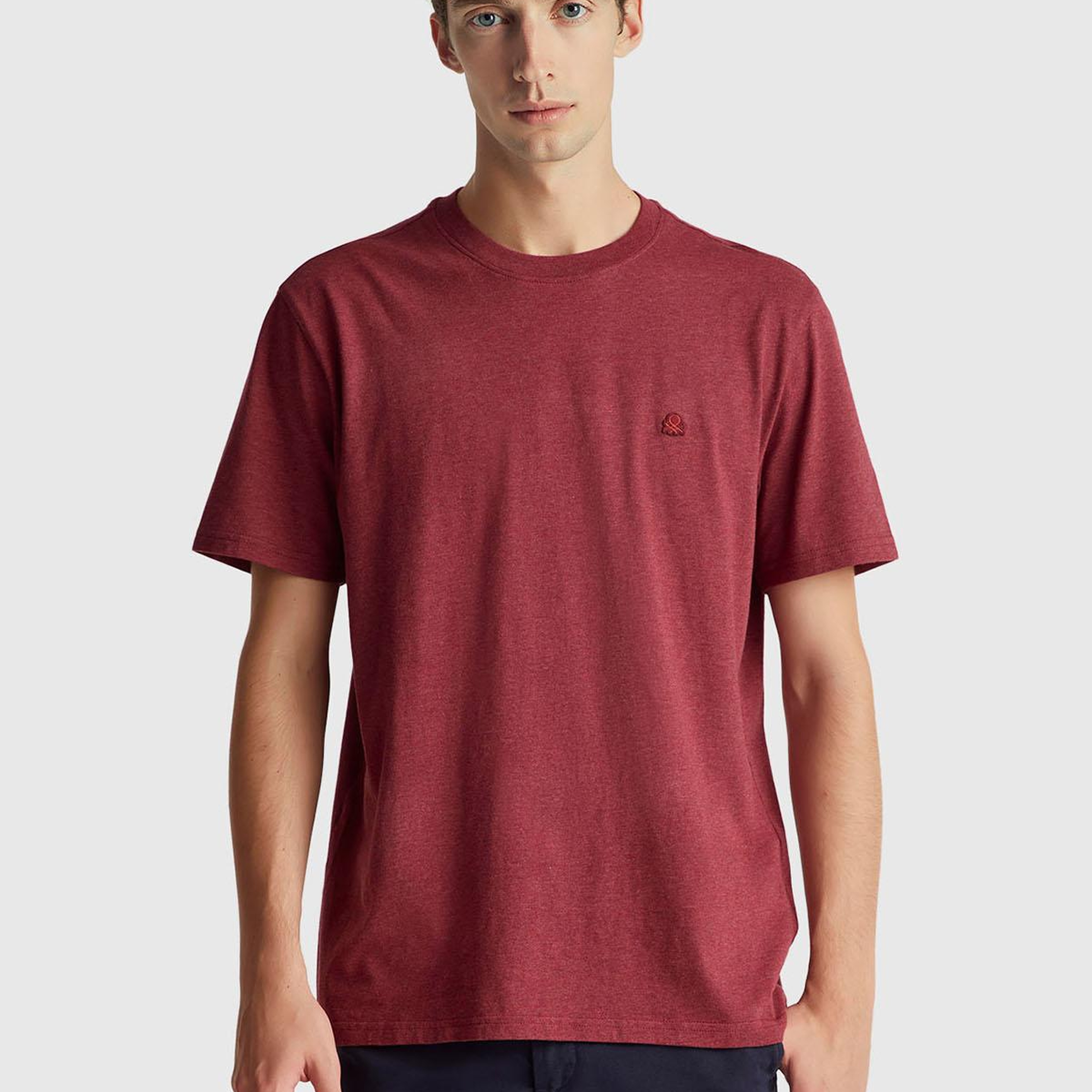 Erkek Bordo %100 Pamuk Logo İşlemeli Bisiklet Yaka T-Shirt