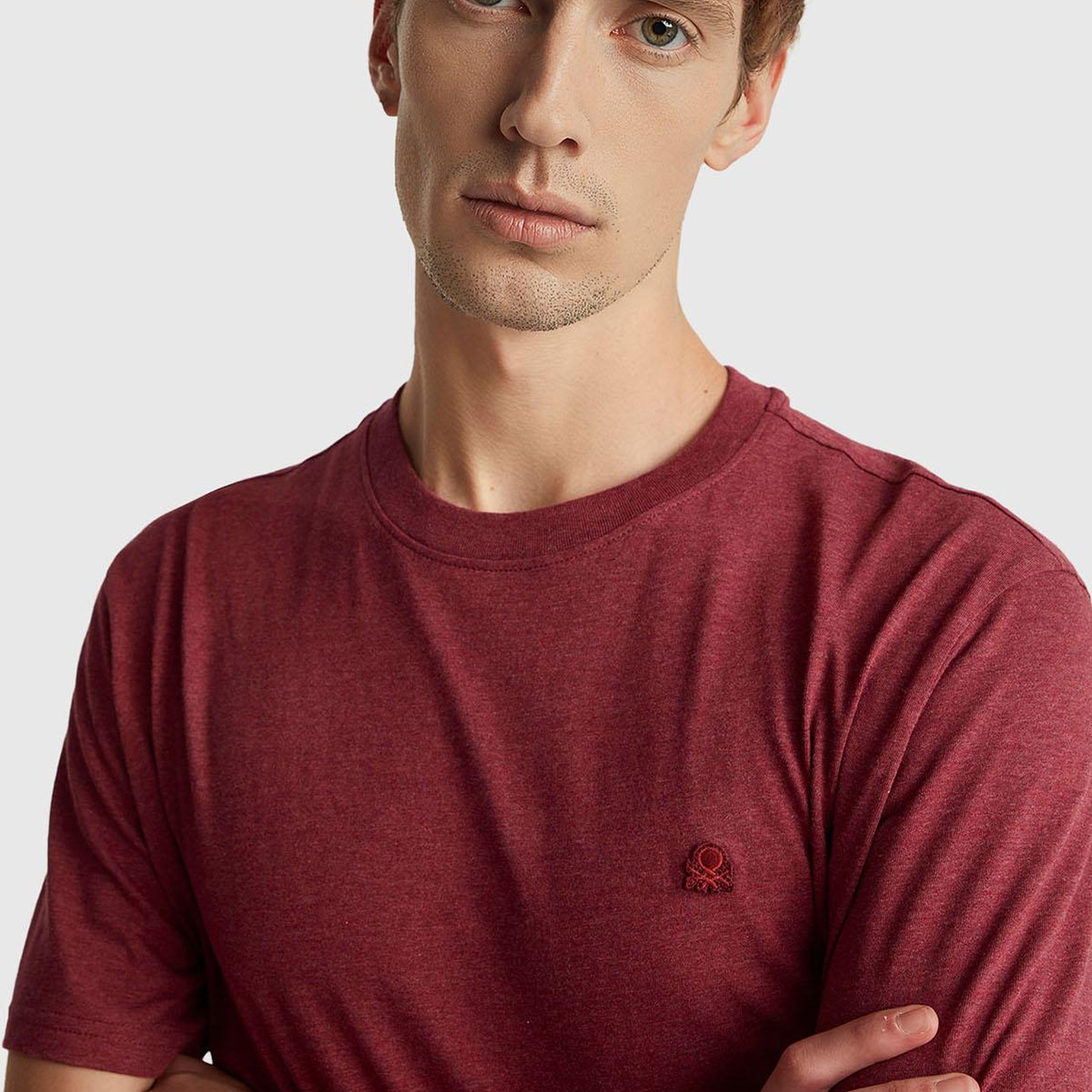 Erkek Bordo %100 Pamuk Logo İşlemeli Bisiklet Yaka T-Shirt