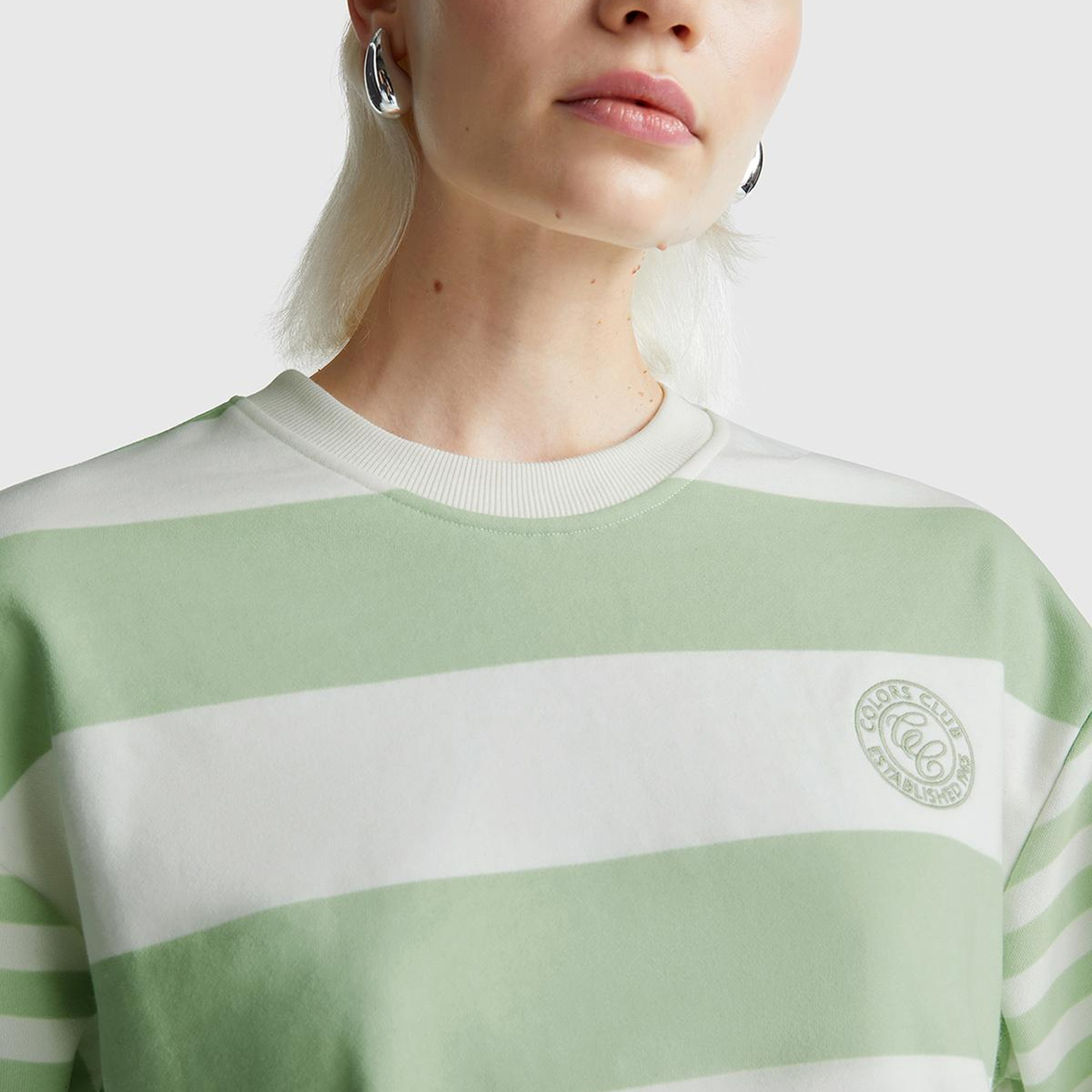 Kadın Açık Yeşil  Pamuk Karışımlı Göğsü Logo Baskılı Renk Bloklu Sweatshirt