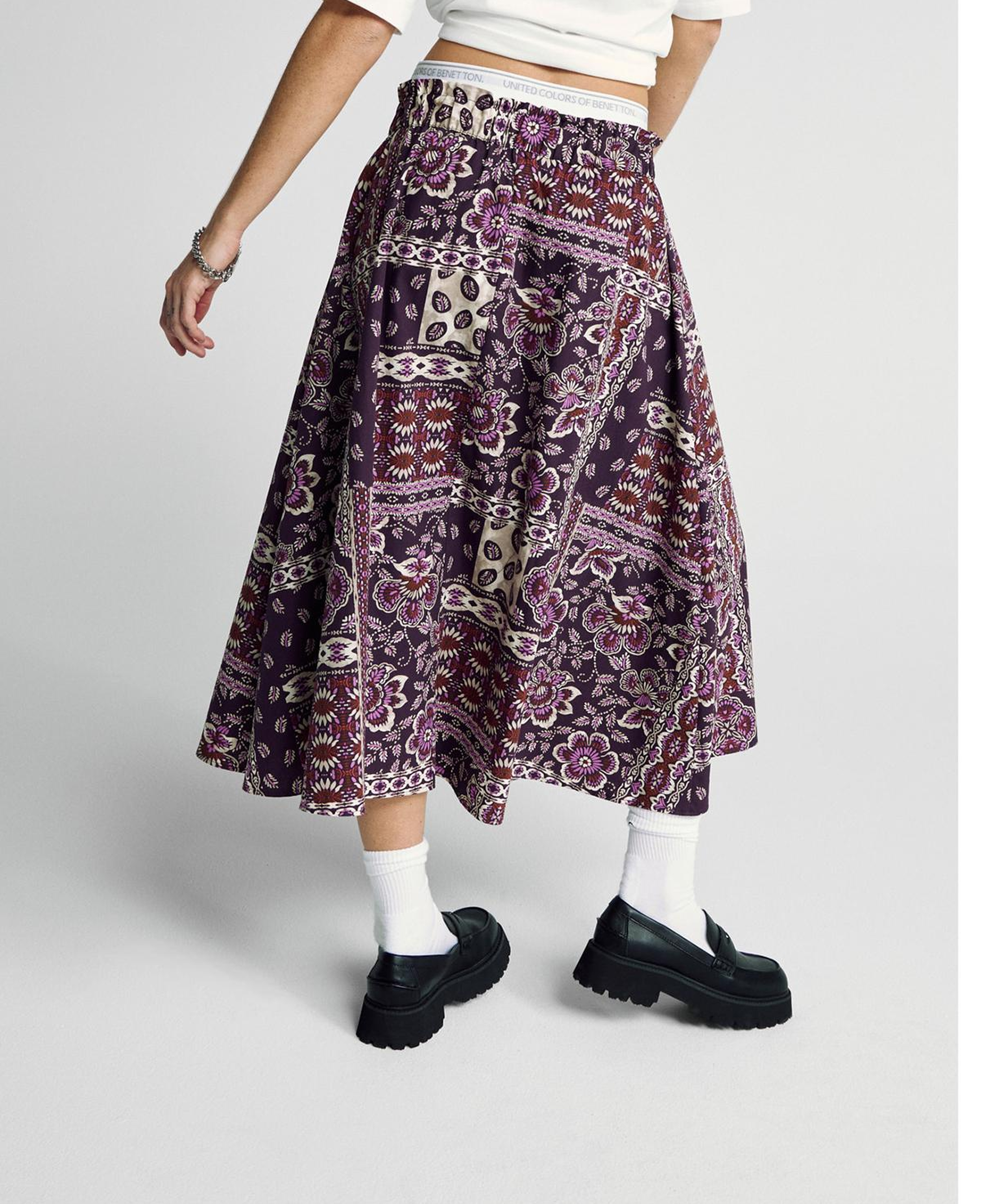 Kadın Bordo %100 Pamuk Desenli Beli Lastikli Cepli Poplin Etek