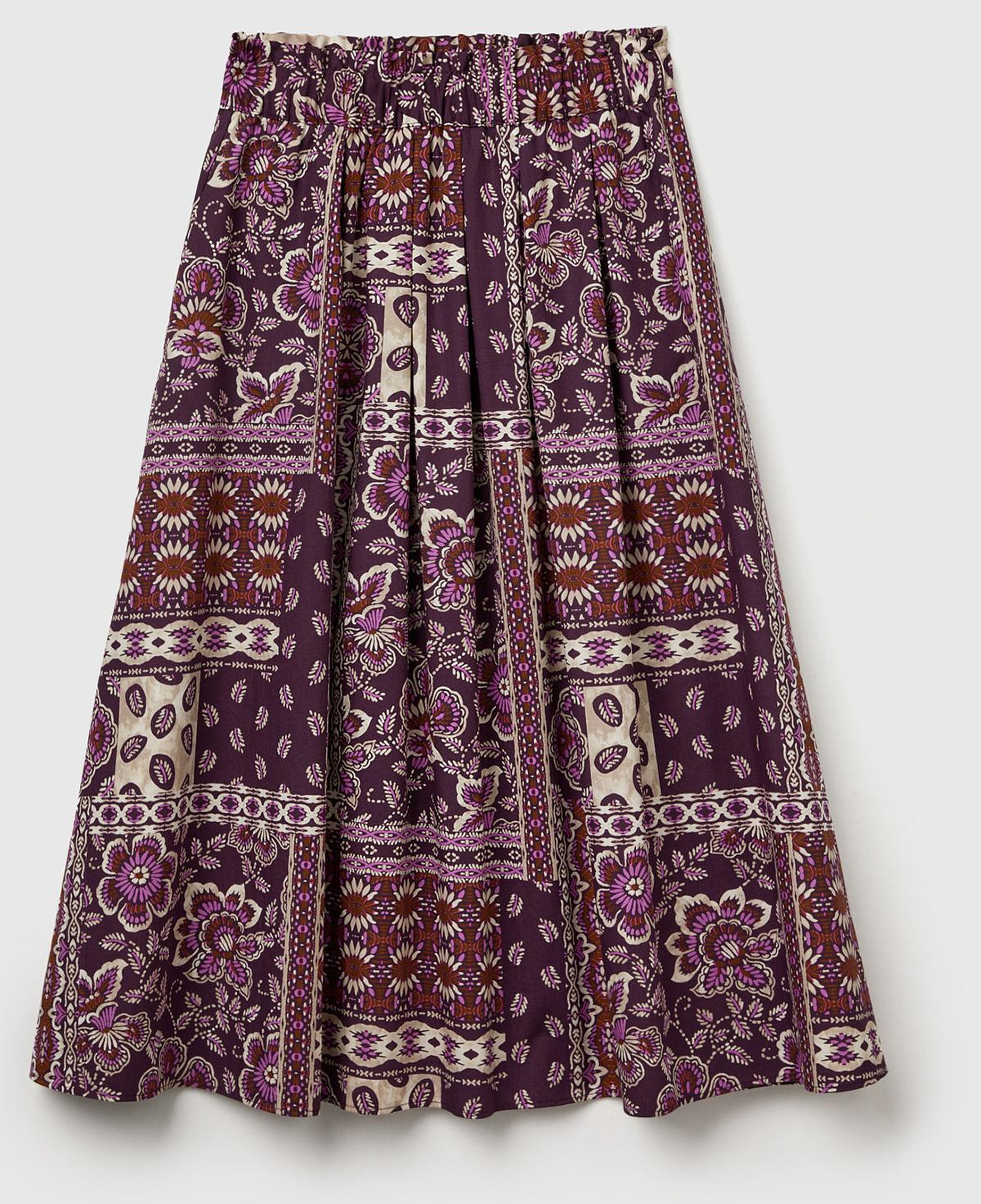 Kadın Bordo %100 Pamuk Desenli Beli Lastikli Cepli Poplin Etek