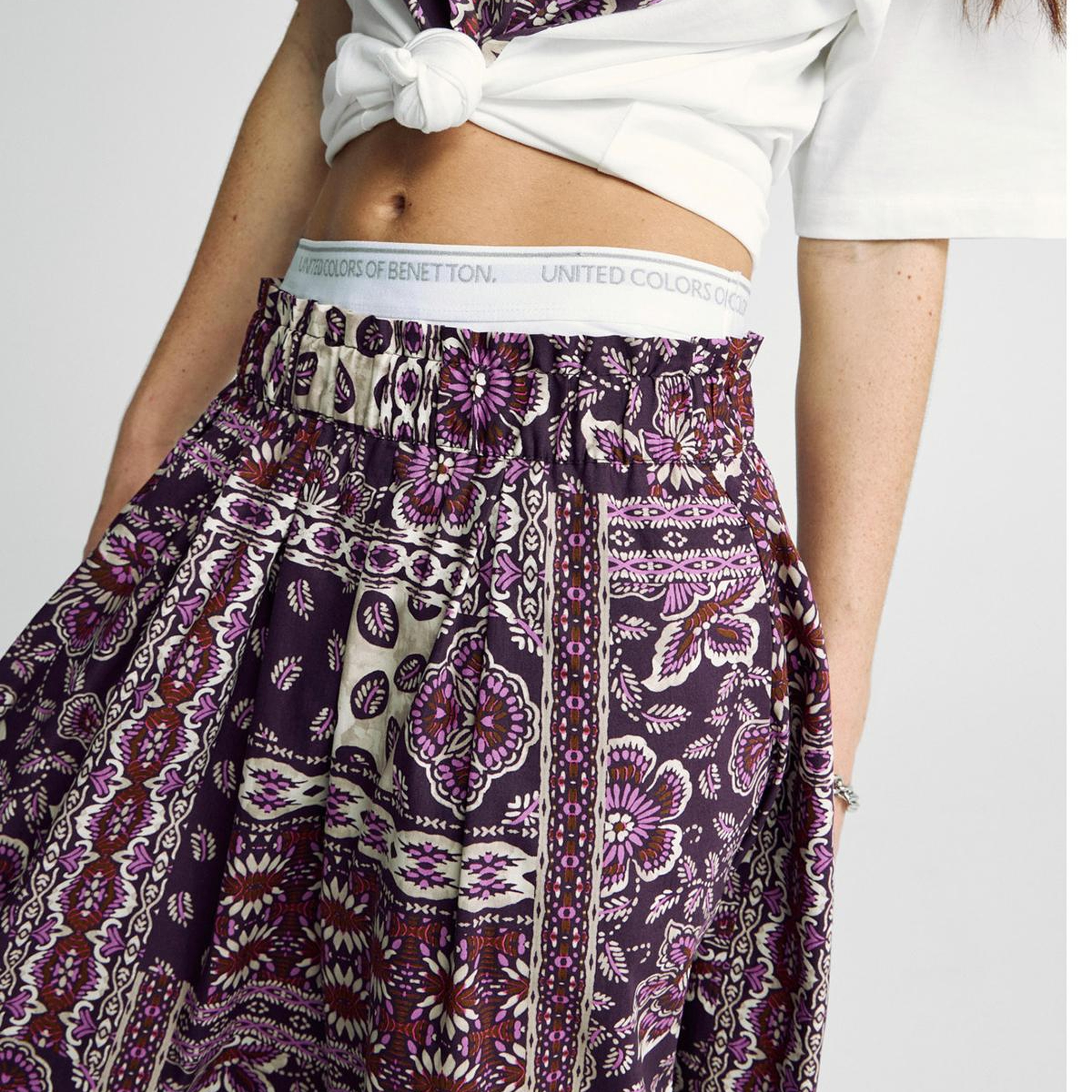 Kadın Bordo %100 Pamuk Desenli Beli Lastikli Cepli Poplin Etek