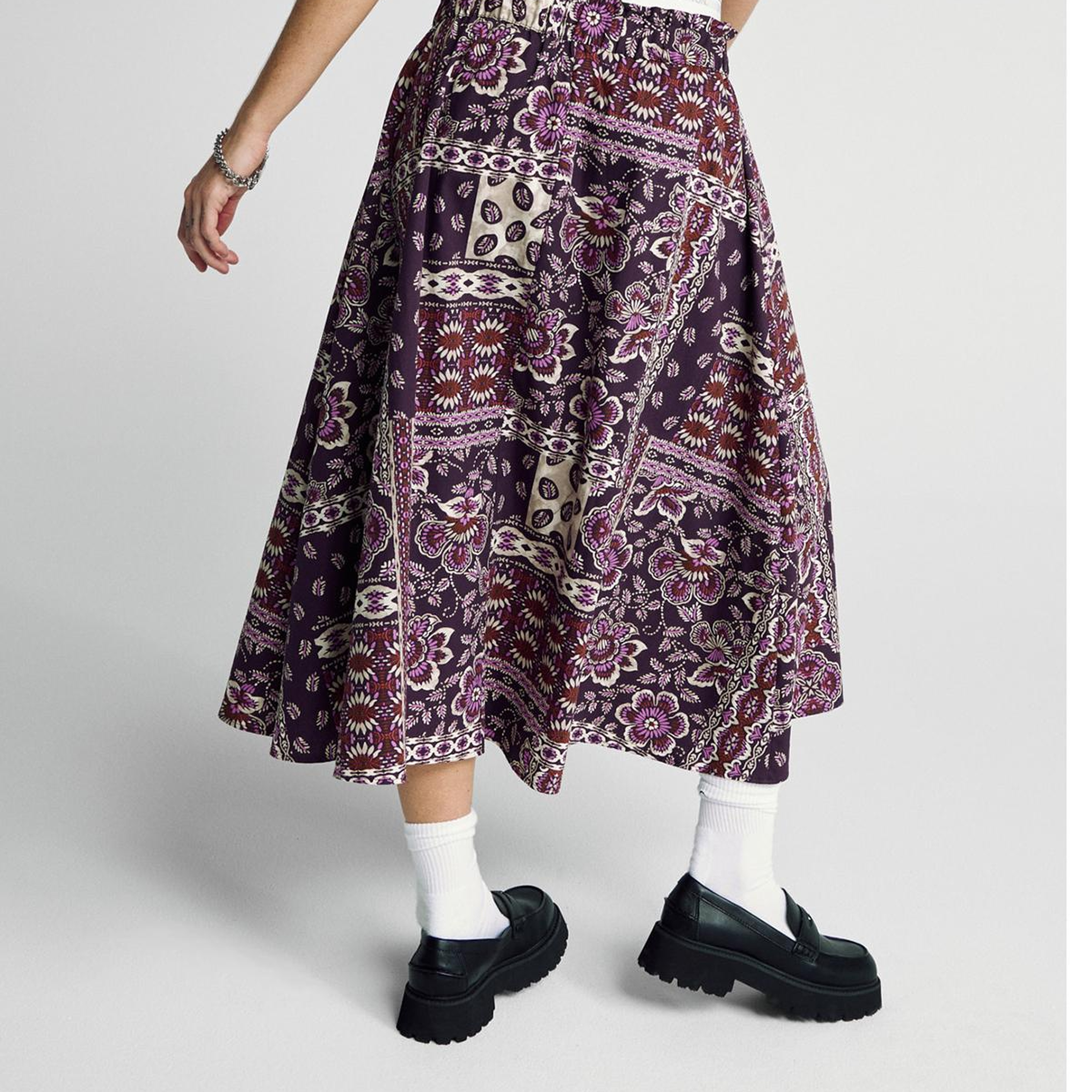 Kadın Bordo %100 Pamuk Desenli Beli Lastikli Cepli Poplin Etek