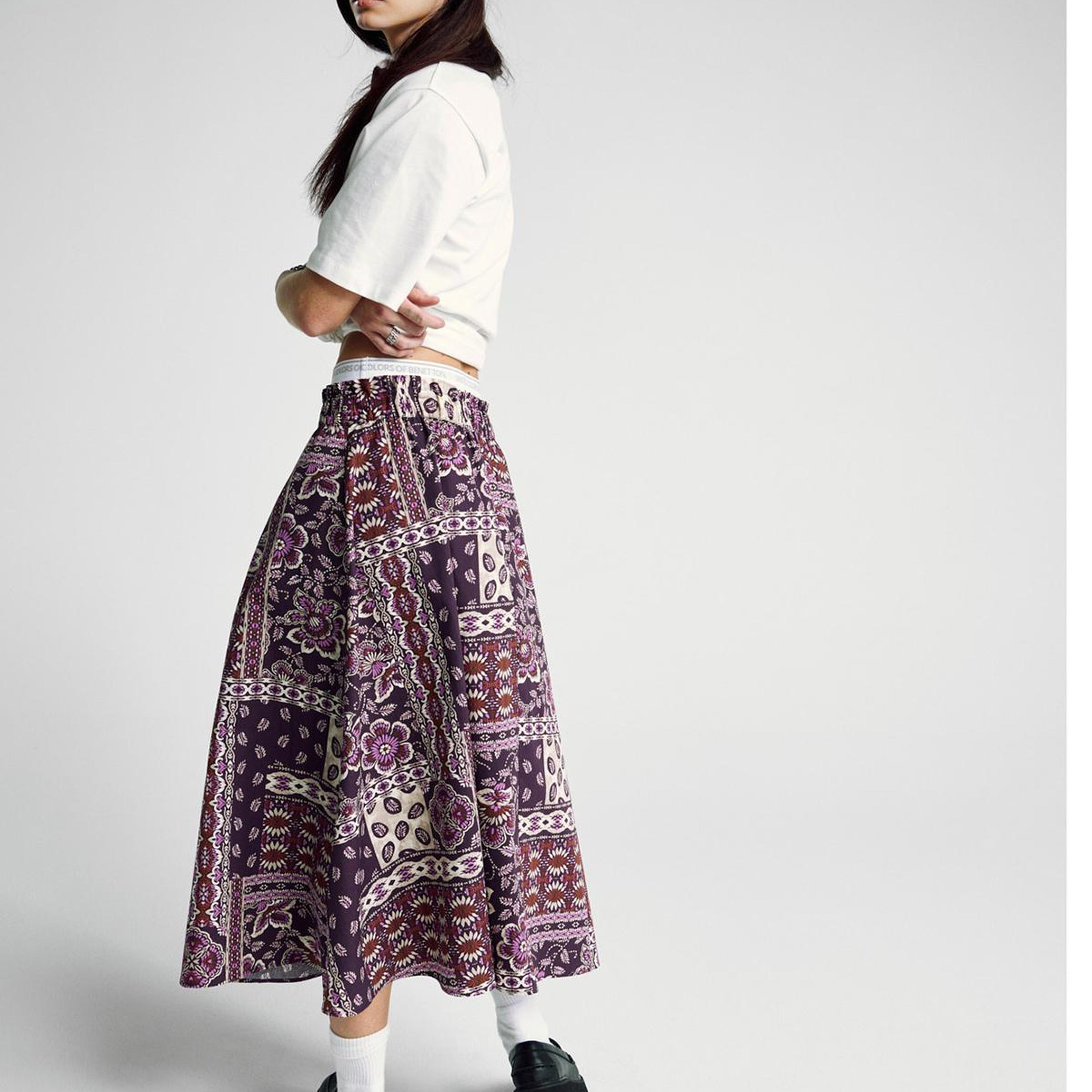 Kadın Bordo %100 Pamuk Desenli Beli Lastikli Cepli Poplin Etek