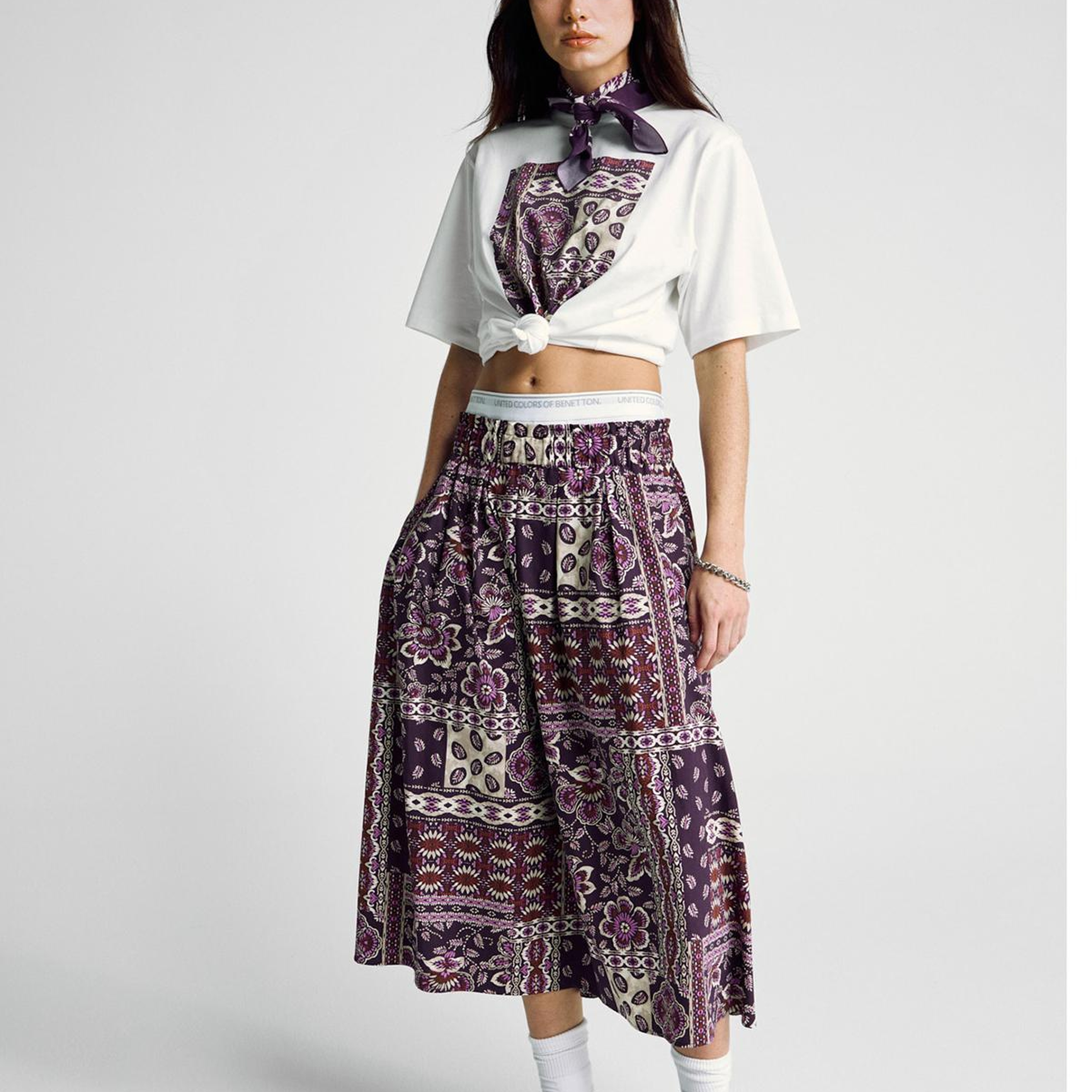 Kadın Bordo %100 Pamuk Desenli Beli Lastikli Cepli Poplin Etek