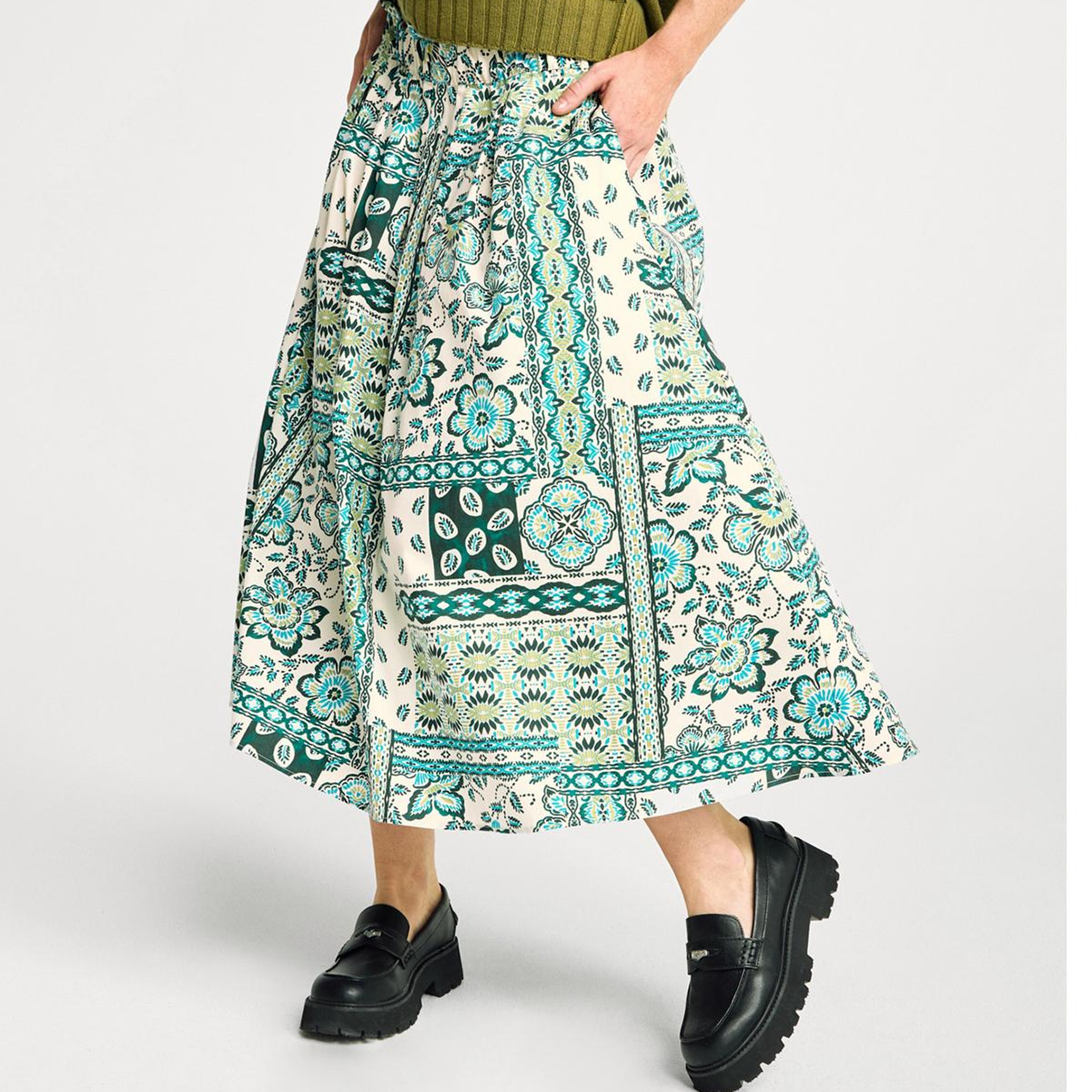 Kadın Açık Yeşil %100 Pamuk Desenli Beli Lastikli Cepli Poplin Etek