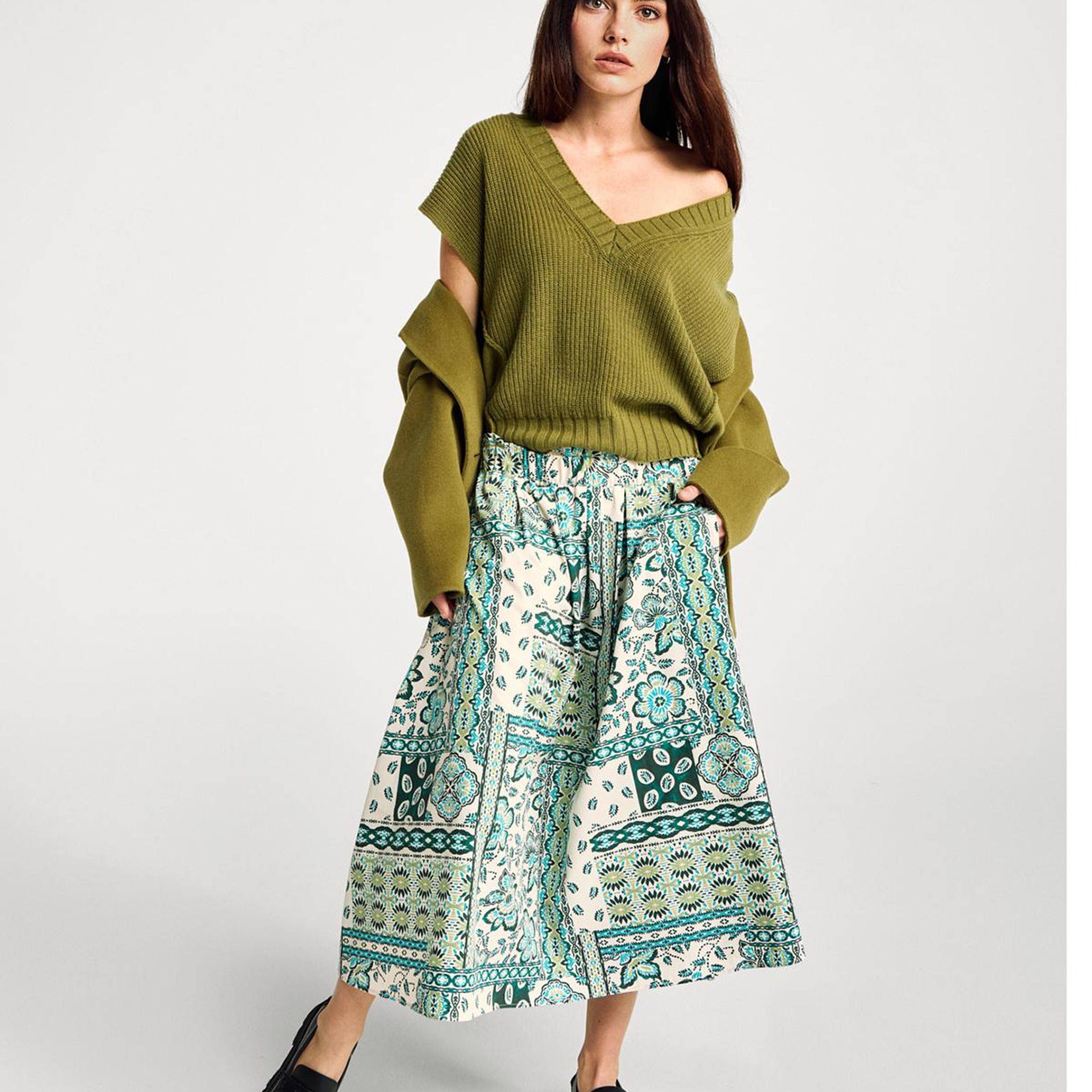 Kadın Açık Yeşil %100 Pamuk Desenli Beli Lastikli Cepli Poplin Etek