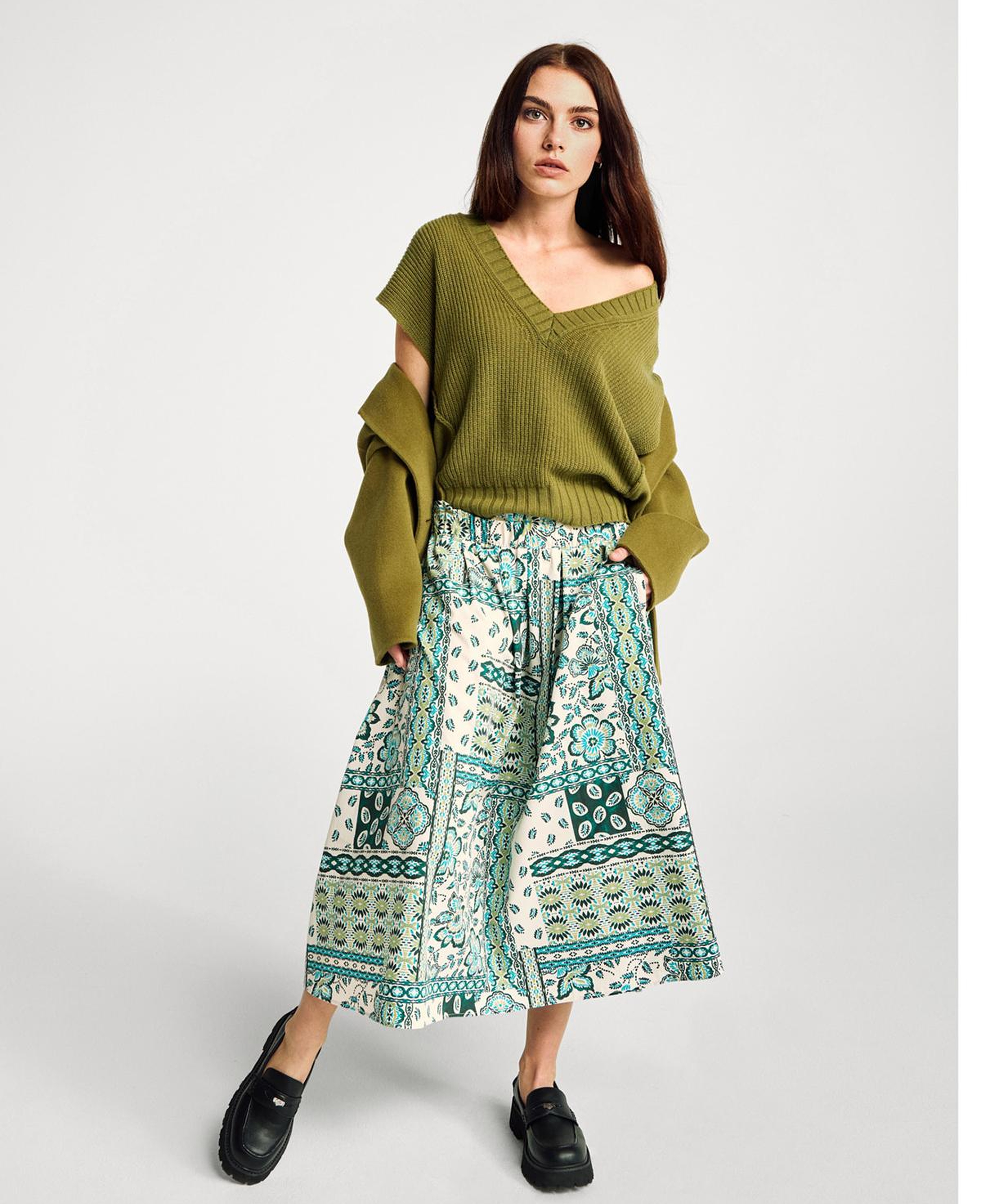 Kadın Açık Yeşil %100 Pamuk Desenli Beli Lastikli Cepli Poplin Etek