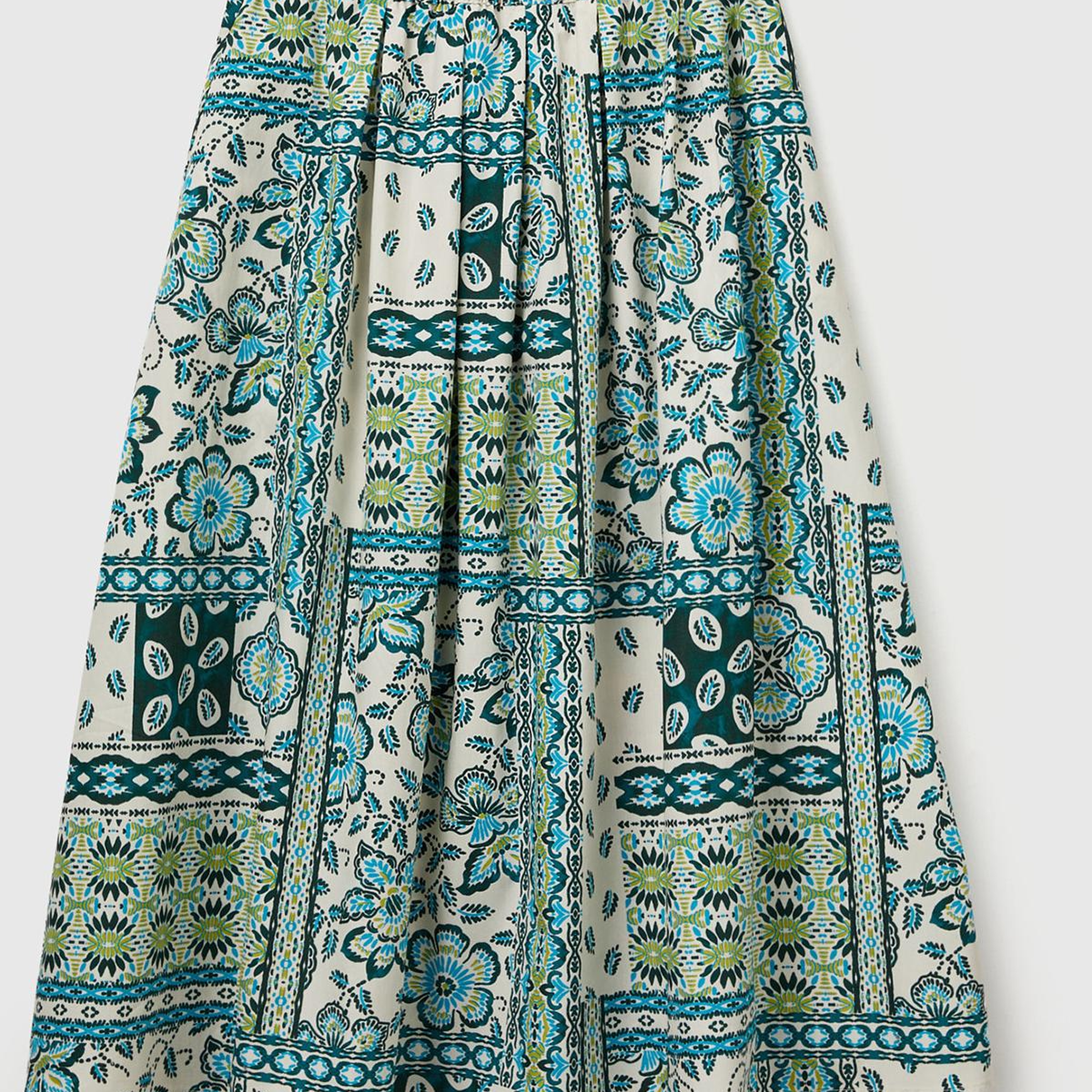 Kadın Açık Yeşil %100 Pamuk Desenli Beli Lastikli Cepli Poplin Etek