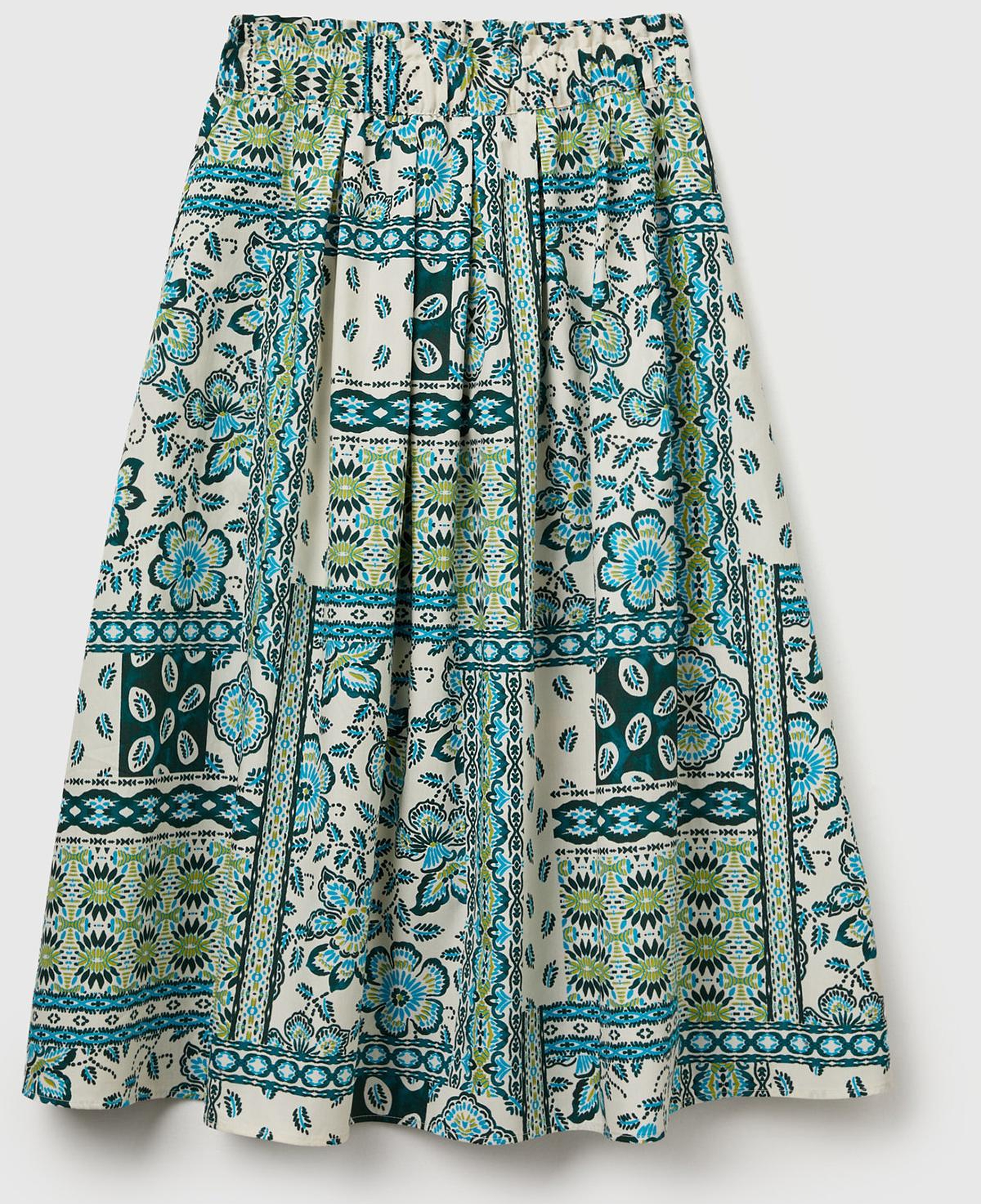 Kadın Açık Yeşil %100 Pamuk Desenli Beli Lastikli Cepli Poplin Etek