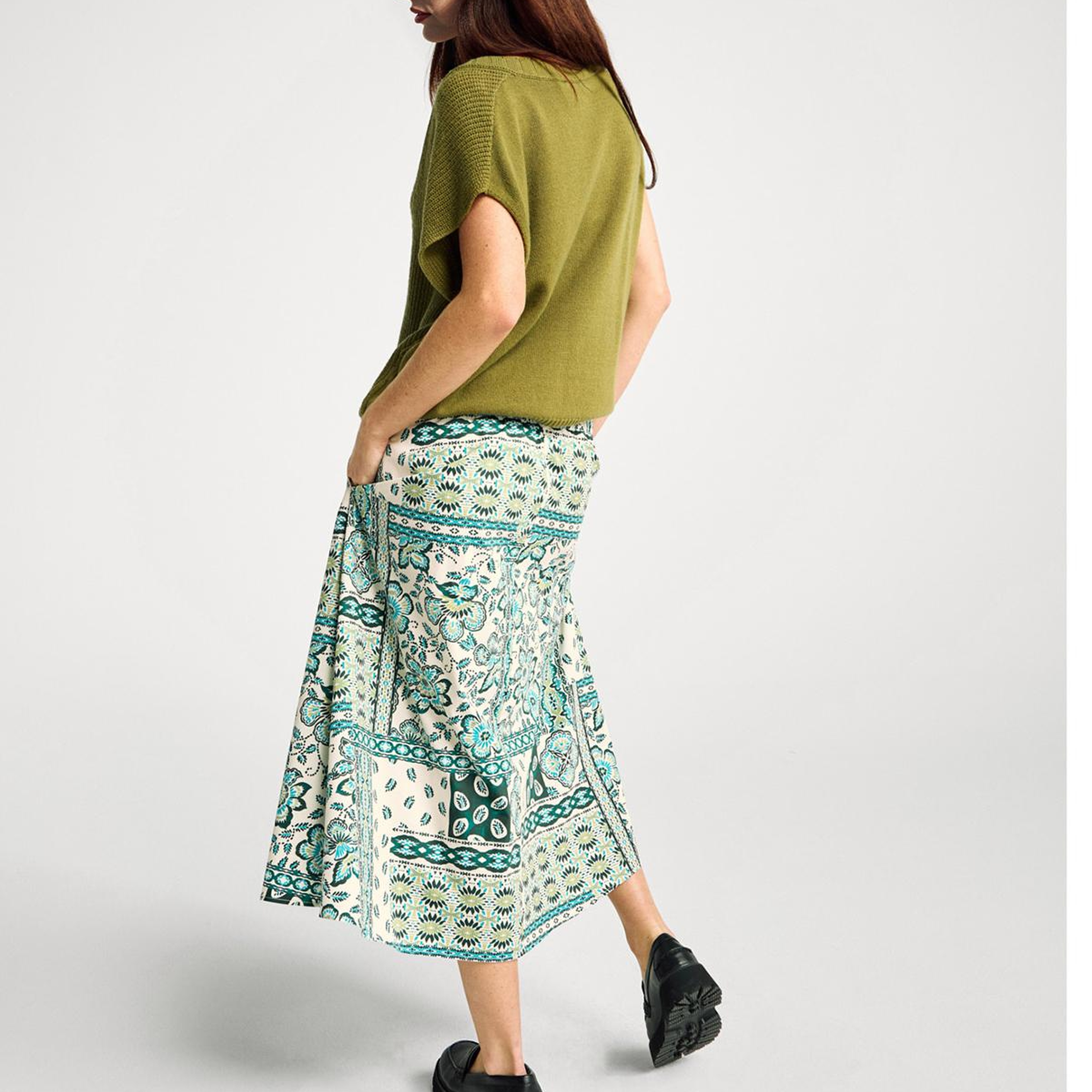 Kadın Açık Yeşil %100 Pamuk Desenli Beli Lastikli Cepli Poplin Etek