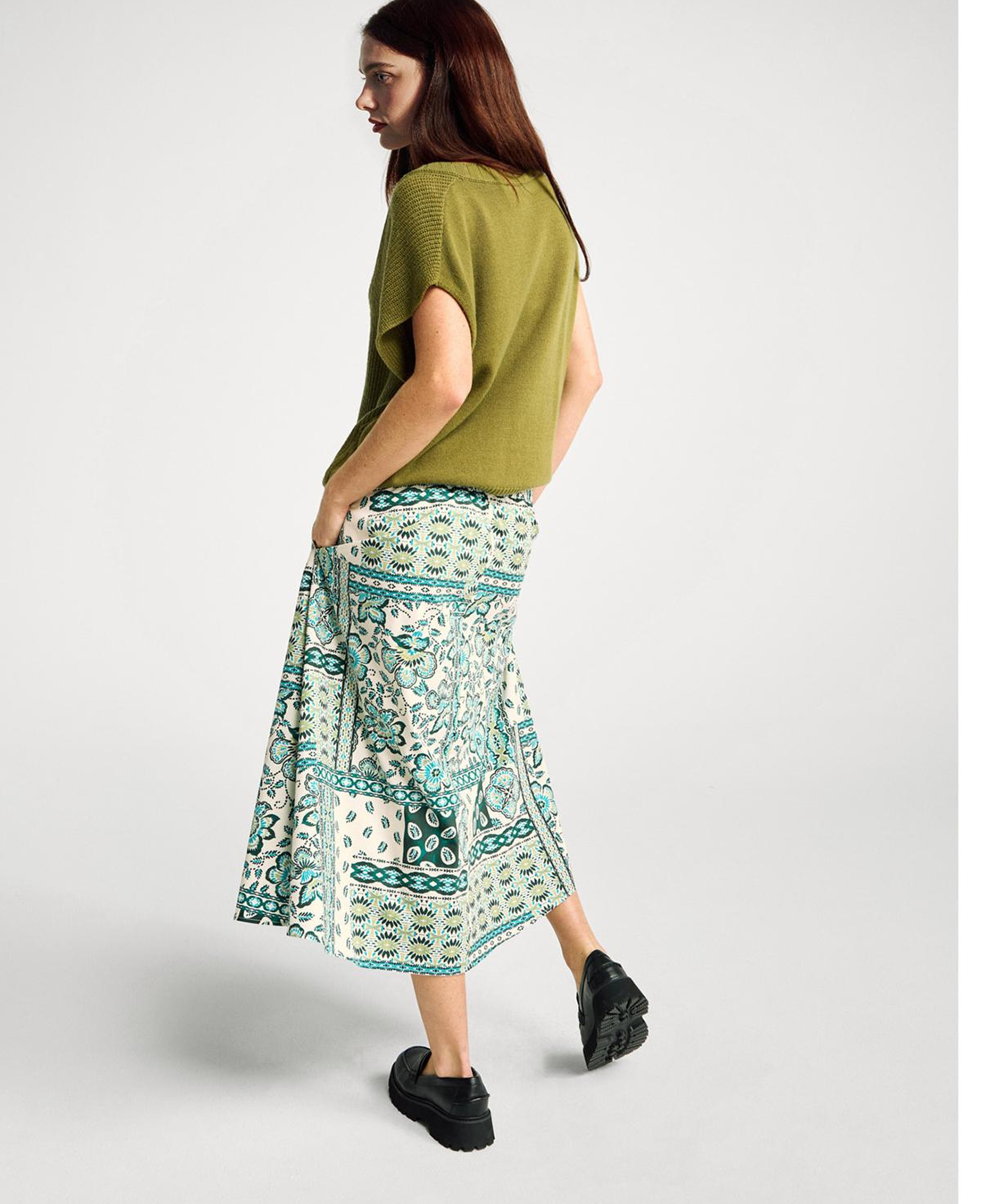 Kadın Açık Yeşil %100 Pamuk Desenli Beli Lastikli Cepli Poplin Etek