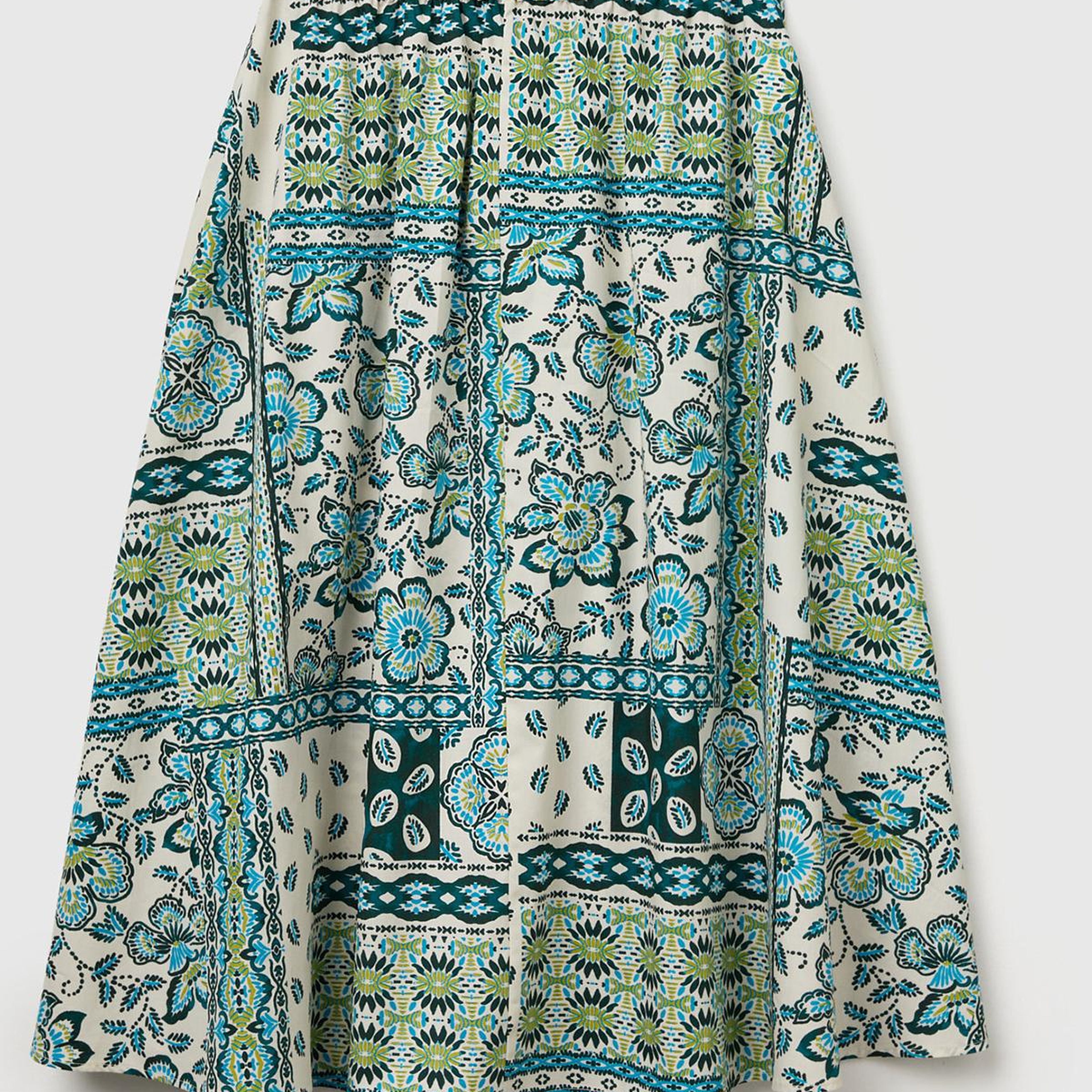 Kadın Açık Yeşil %100 Pamuk Desenli Beli Lastikli Cepli Poplin Etek