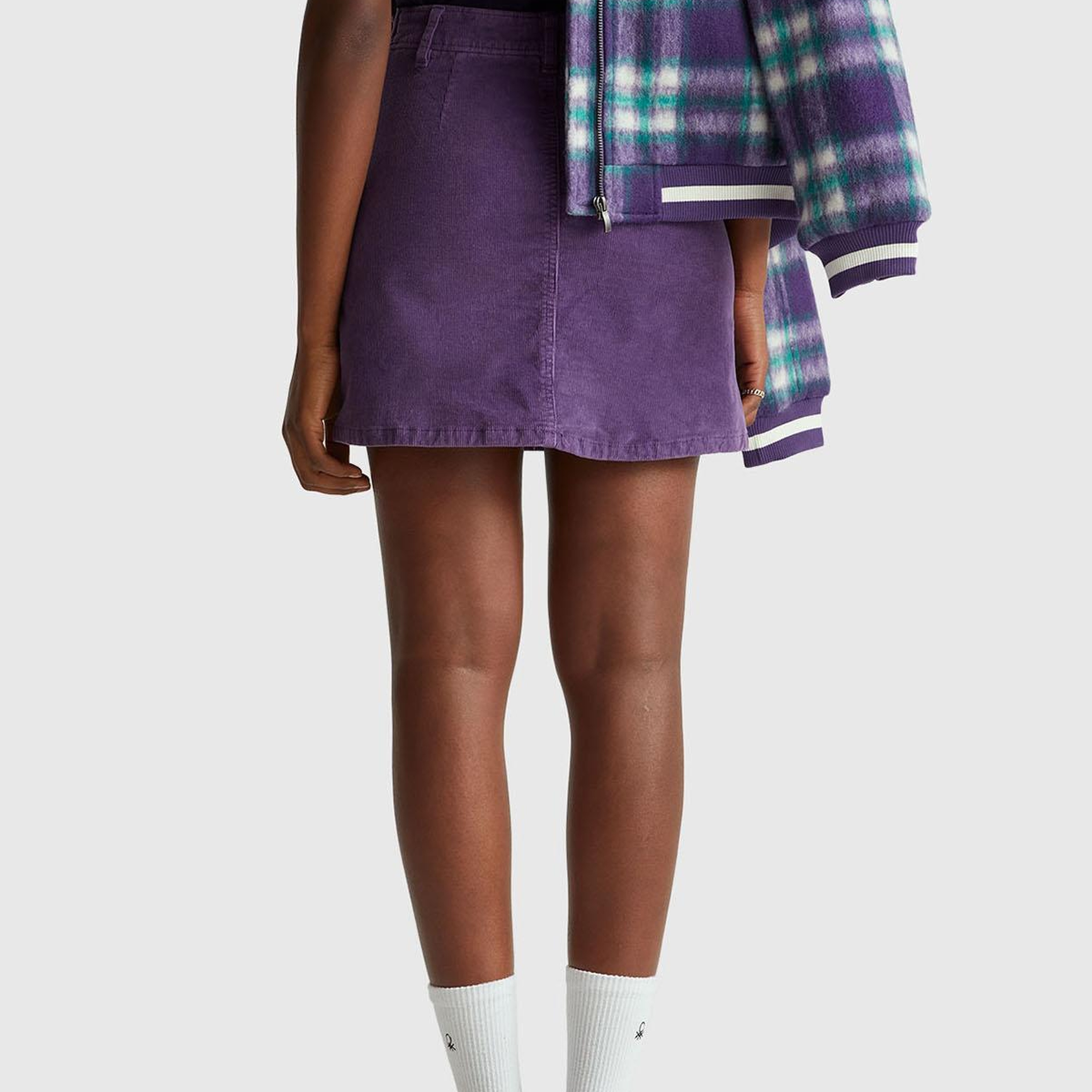 Kadın Mor Pamuk Karışımlı Yandan Fermuarlı Kadife Mini Etek