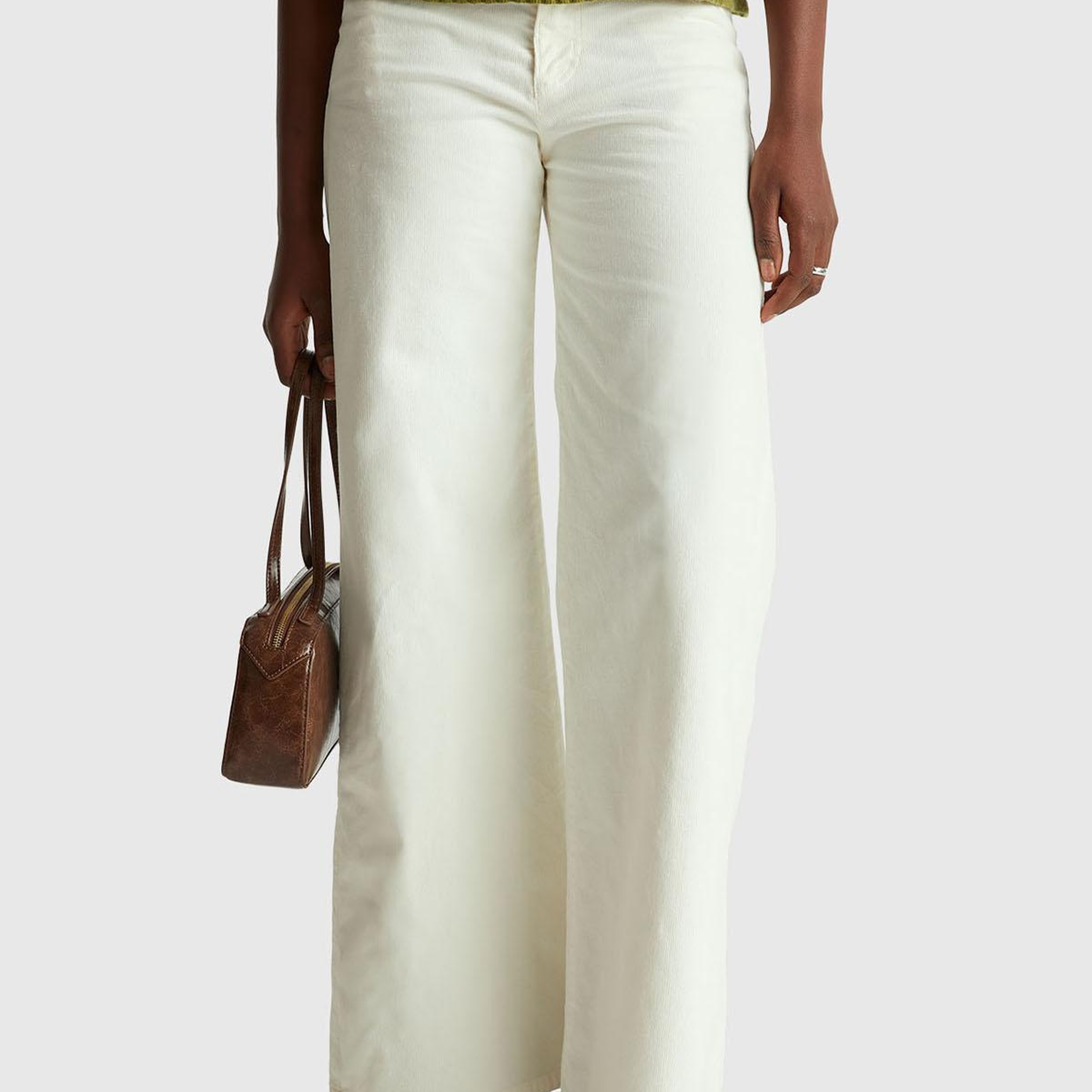 Kadın Krem Pamuk Karışımlı Arkası Logo Etiketli Geniş Paça  Kadife Pantolon