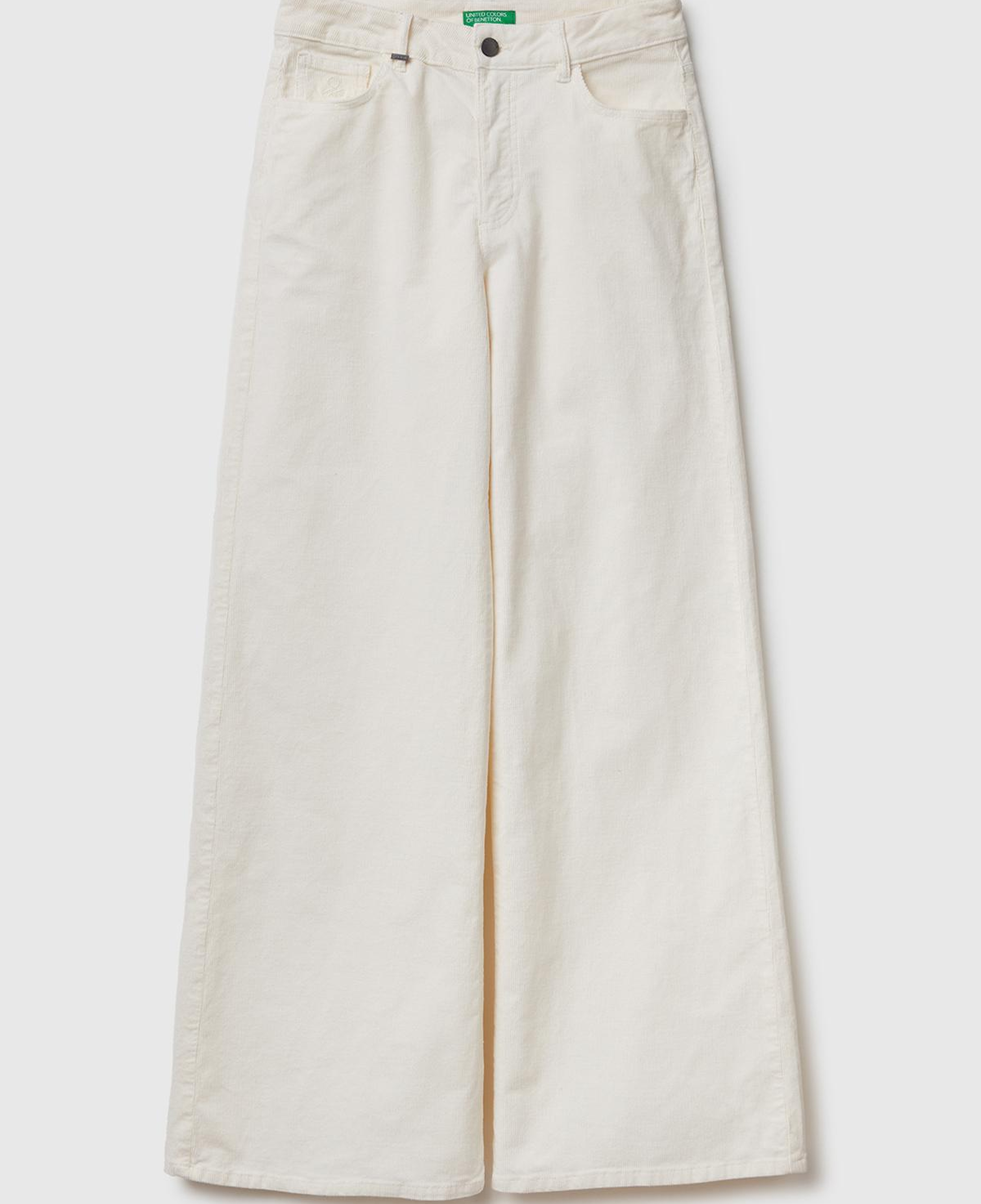 Kadın Krem Pamuk Karışımlı Arkası Logo Etiketli Geniş Paça  Kadife Pantolon