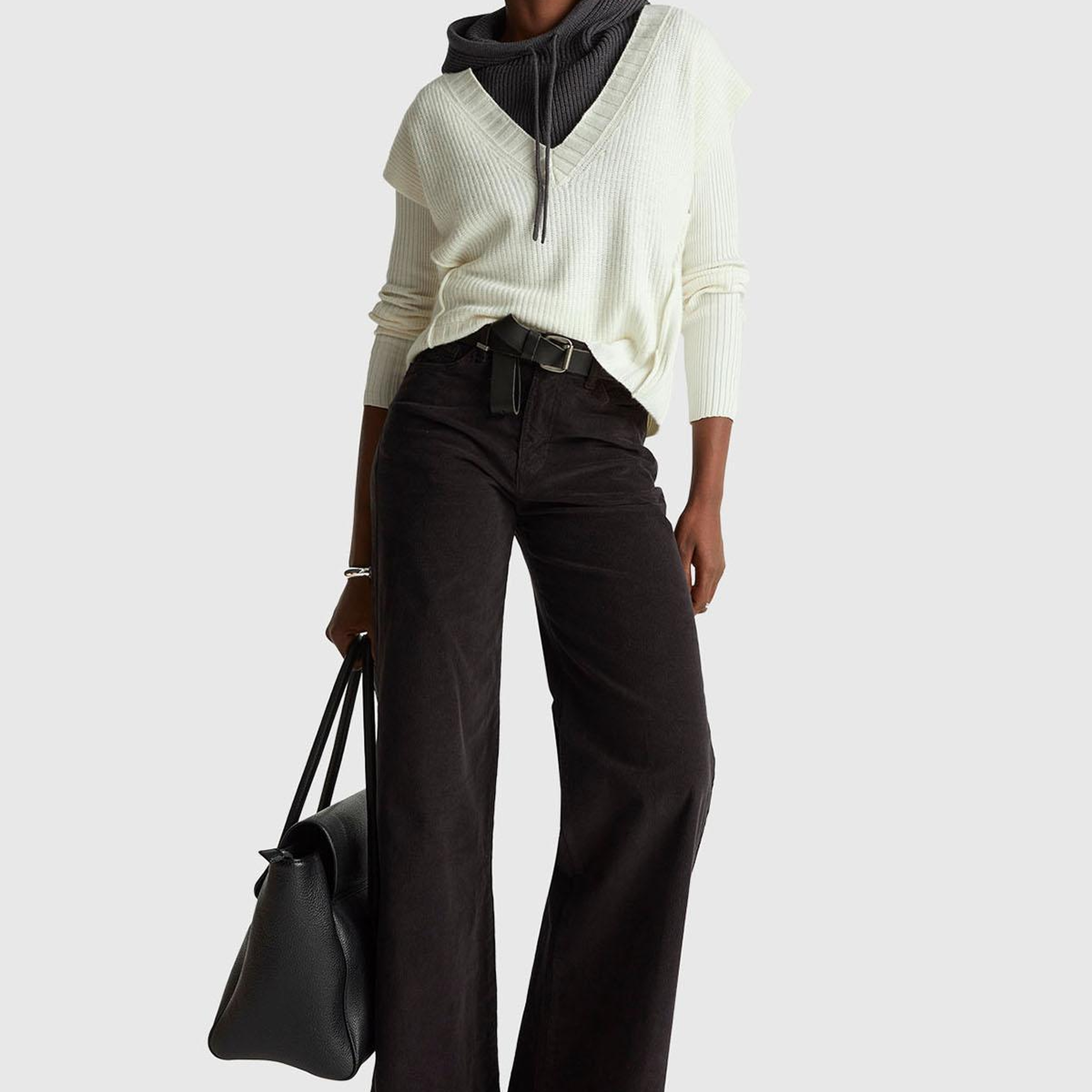 Kadın Sİyah Pamuk Karışımlı Arkası Logo Etiketli Geniş Paça  Kadife Pantolon