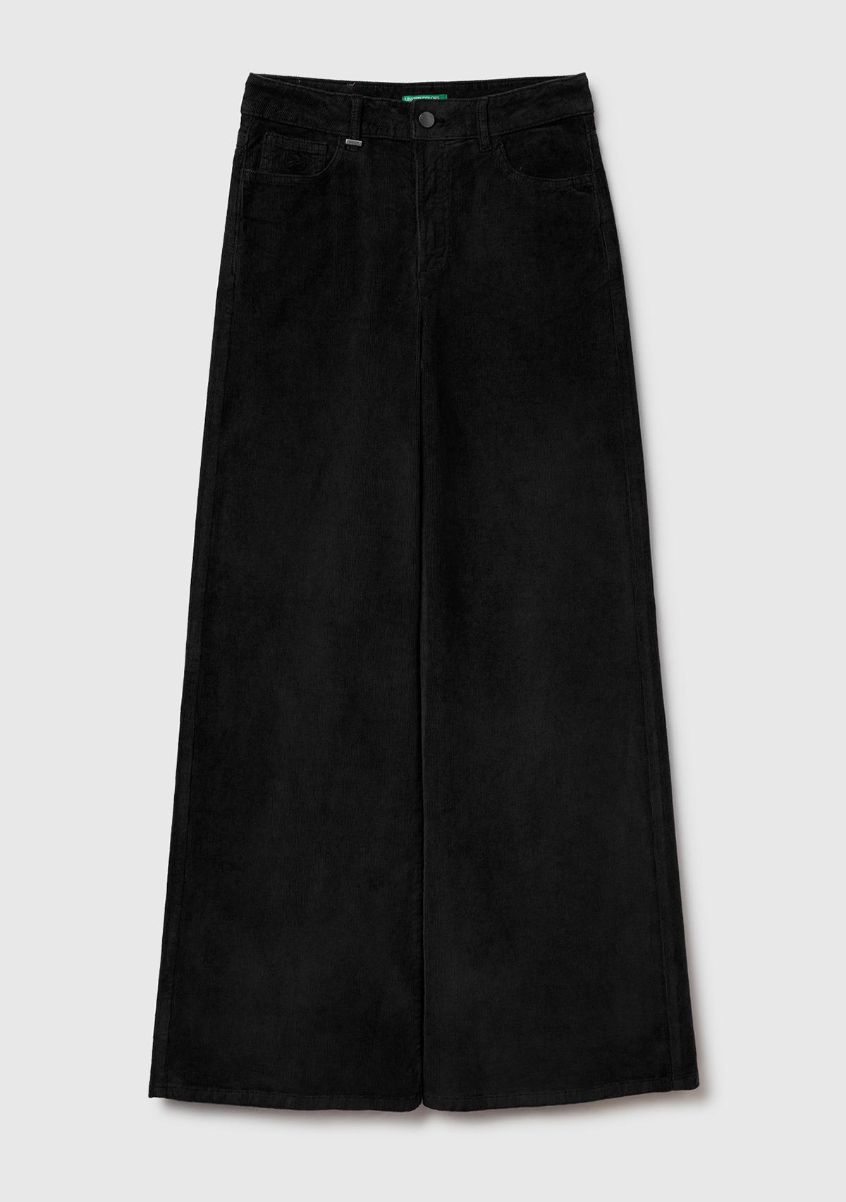 Kadın Sİyah Pamuk Karışımlı Arkası Logo Etiketli Geniş Paça  Kadife Pantolon