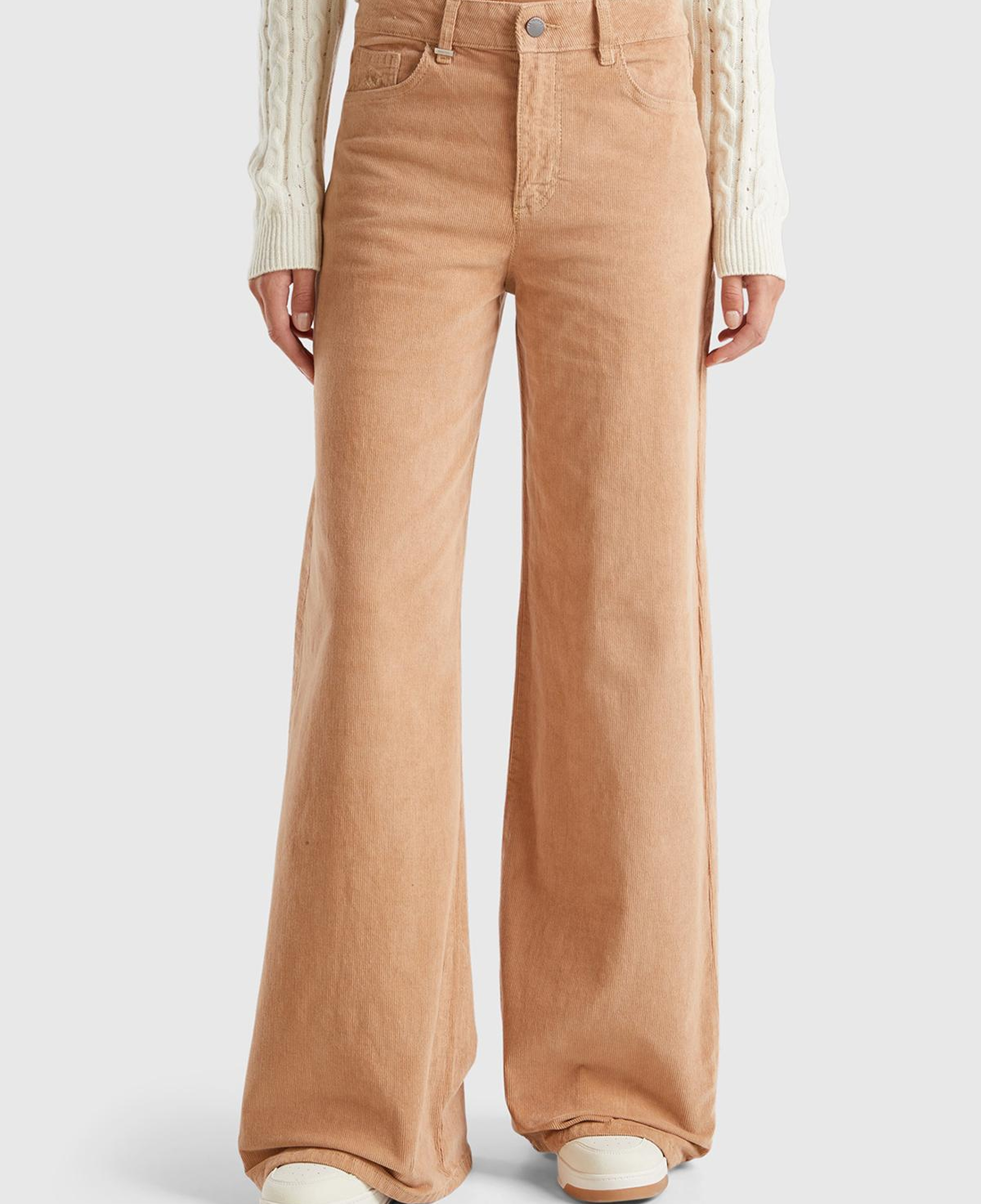 Kadın Taba Pamuk Karışımlı Arkası Logo Etiketli Geniş Paça  Kadife Pantolon