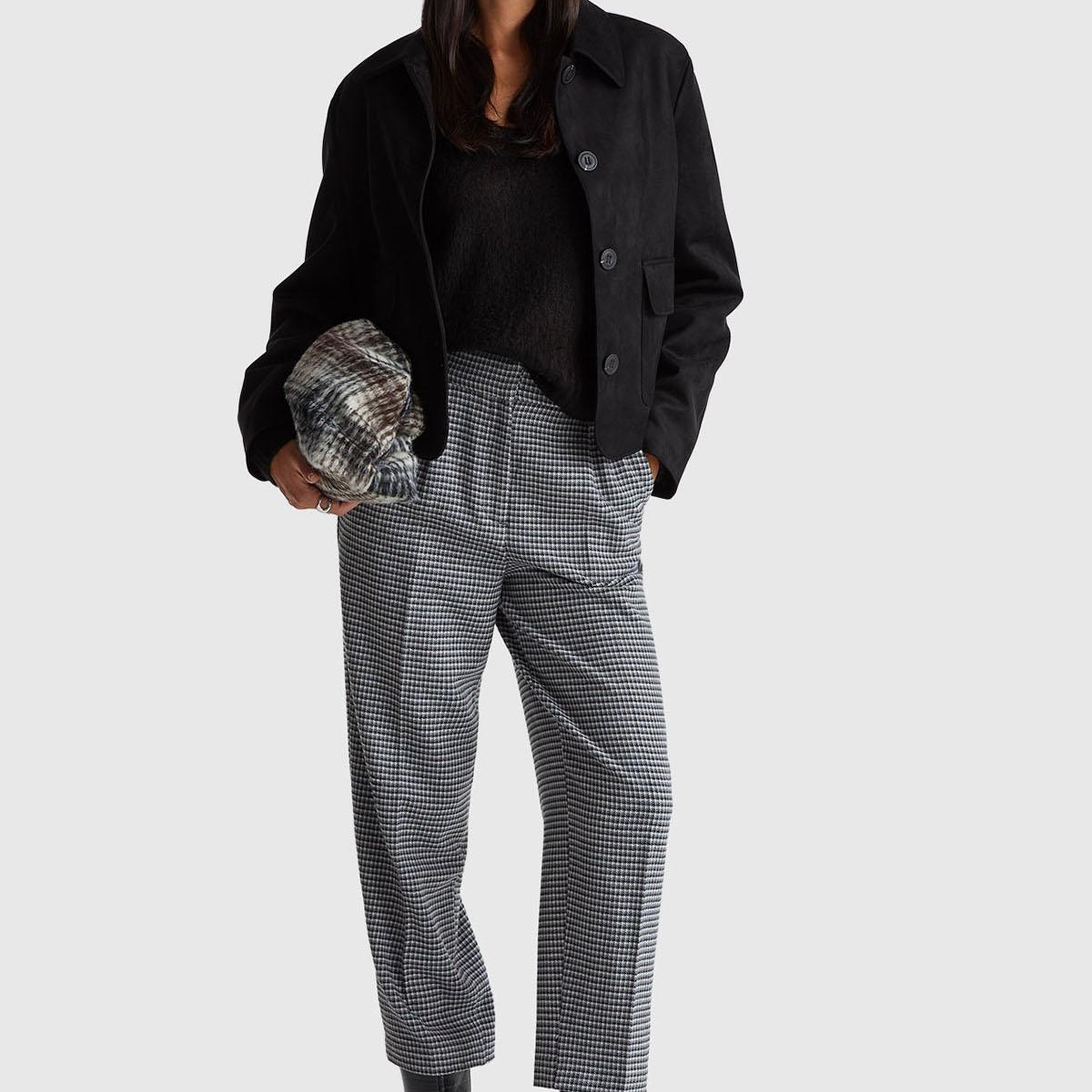 Kadın Koyu Gri Viskoz Karışımlı Fermuarlı Arka Bel Bandı Lastikli Pantolon