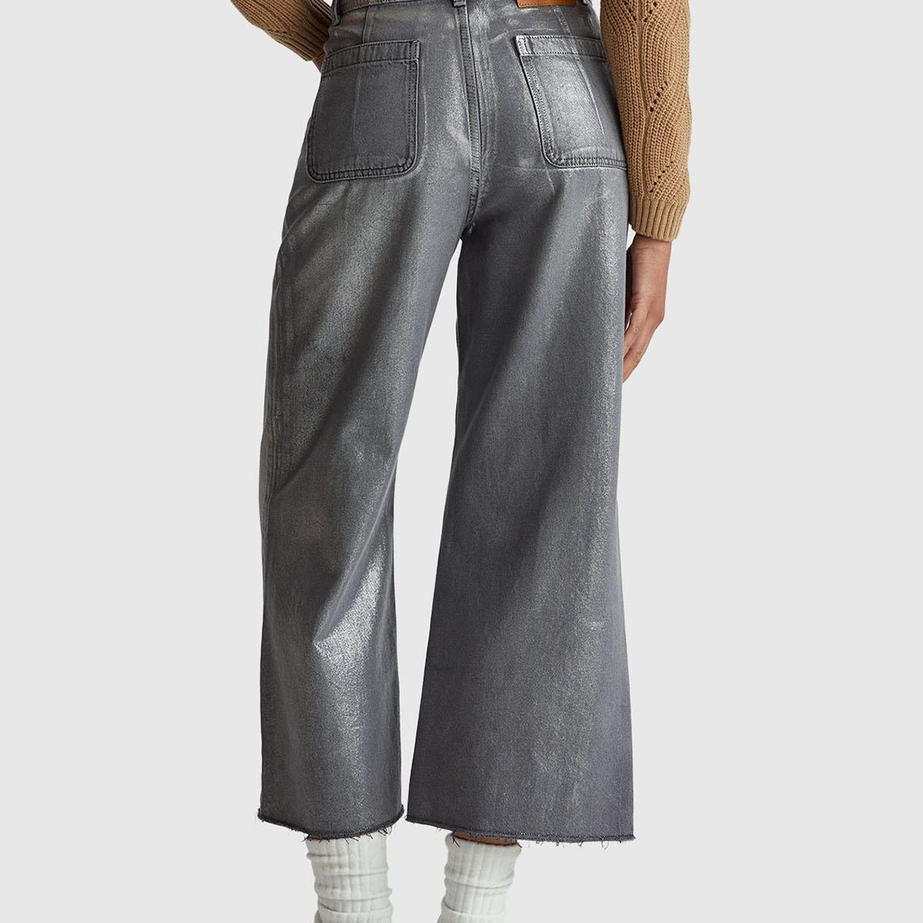 Kadın Koyu Gri %100 Pamuk Wide Leg Orta-Yüksek Bel Denim Pantolon