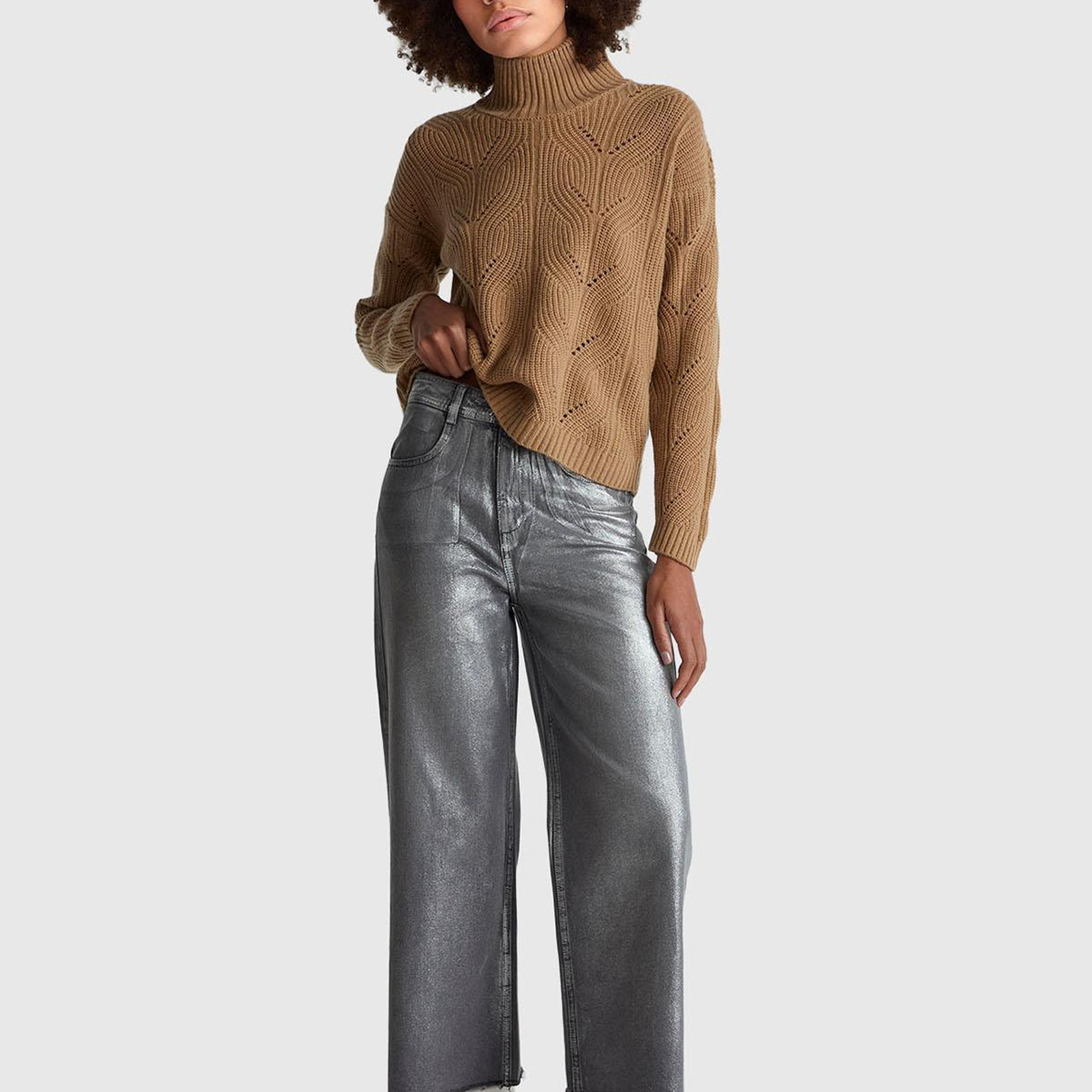 Kadın Koyu Gri %100 Pamuk Wide Leg Orta-Yüksek Bel Denim Pantolon