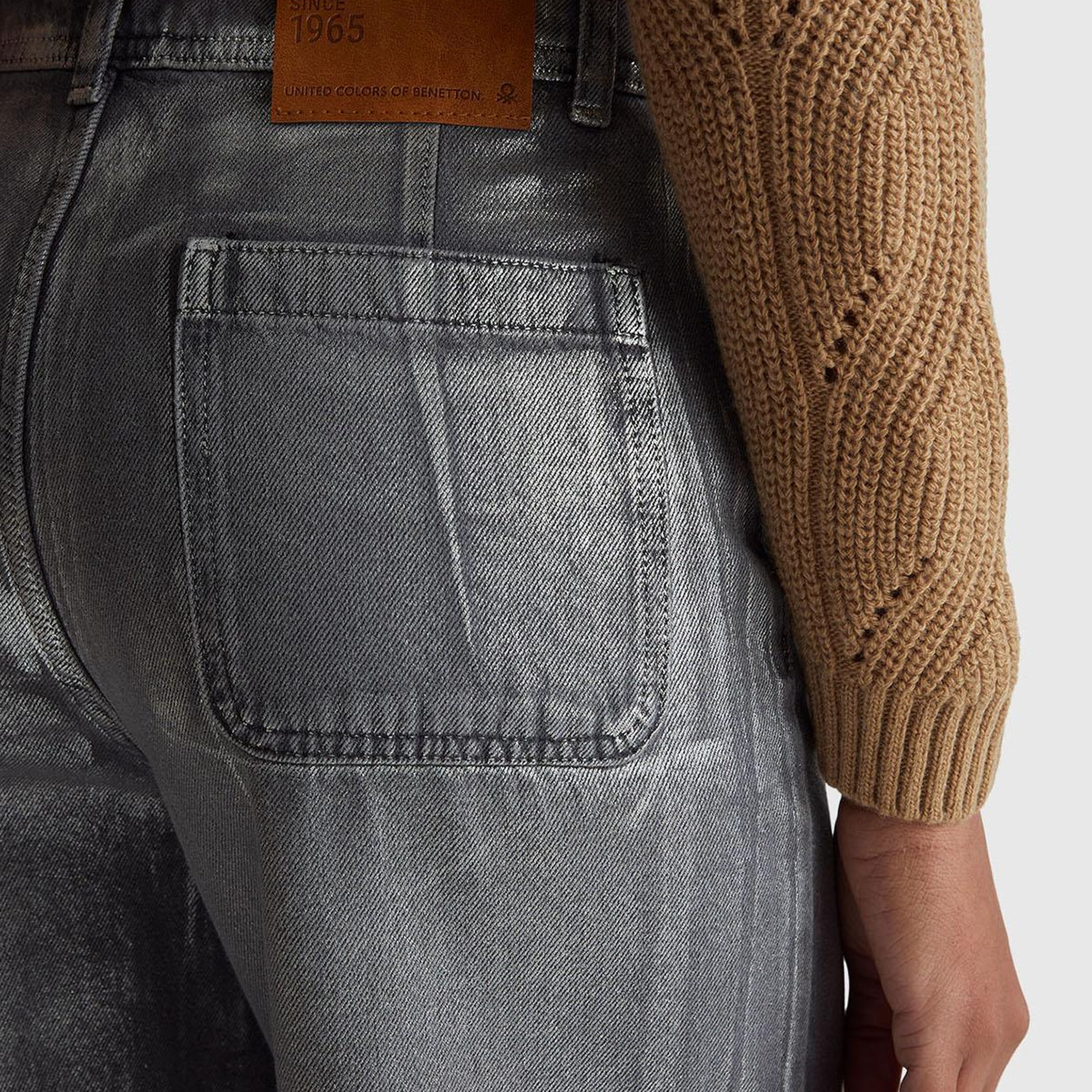 Kadın Koyu Gri %100 Pamuk Wide Leg Orta-Yüksek Bel Denim Pantolon