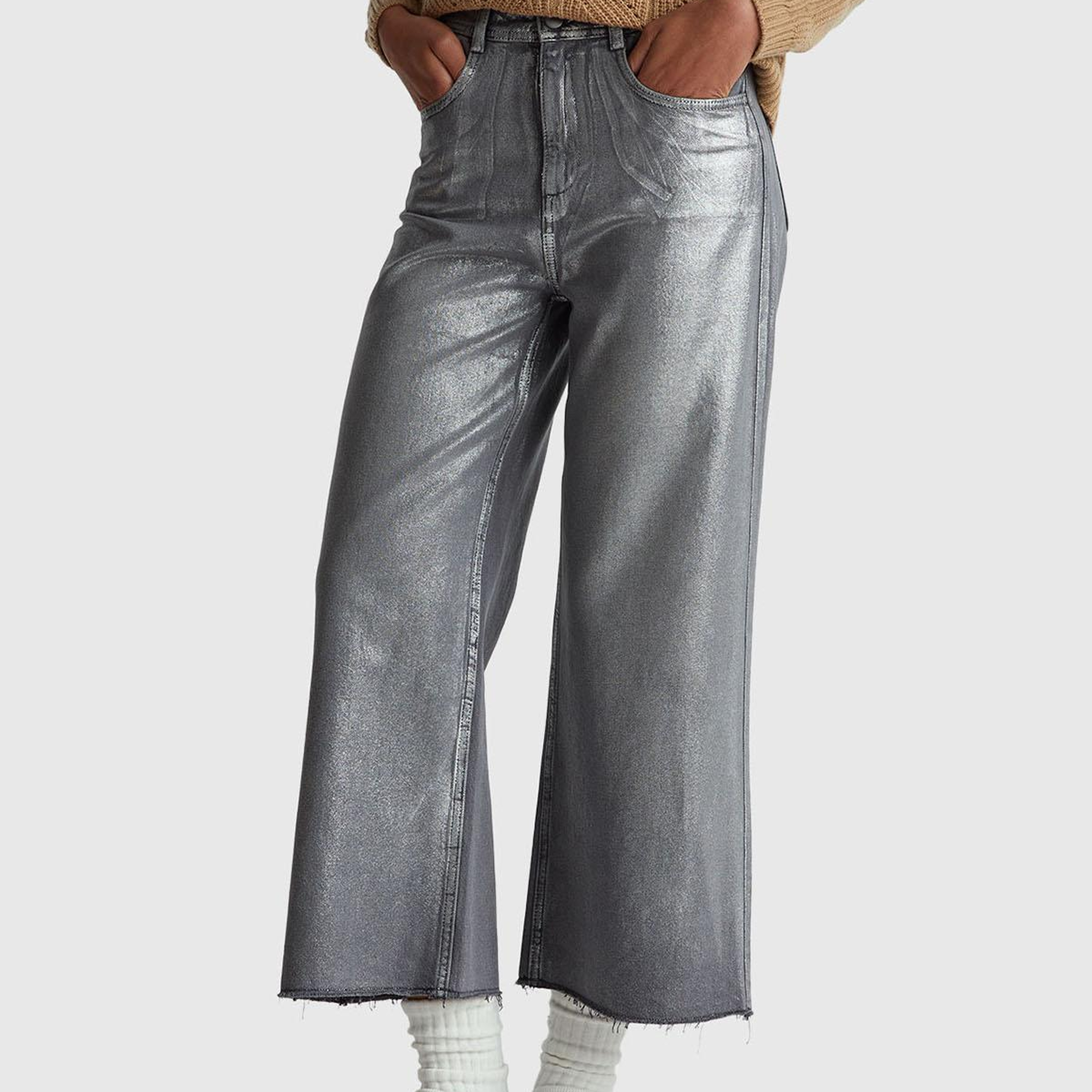 Kadın Koyu Gri %100 Pamuk Wide Leg Orta-Yüksek Bel Denim Pantolon