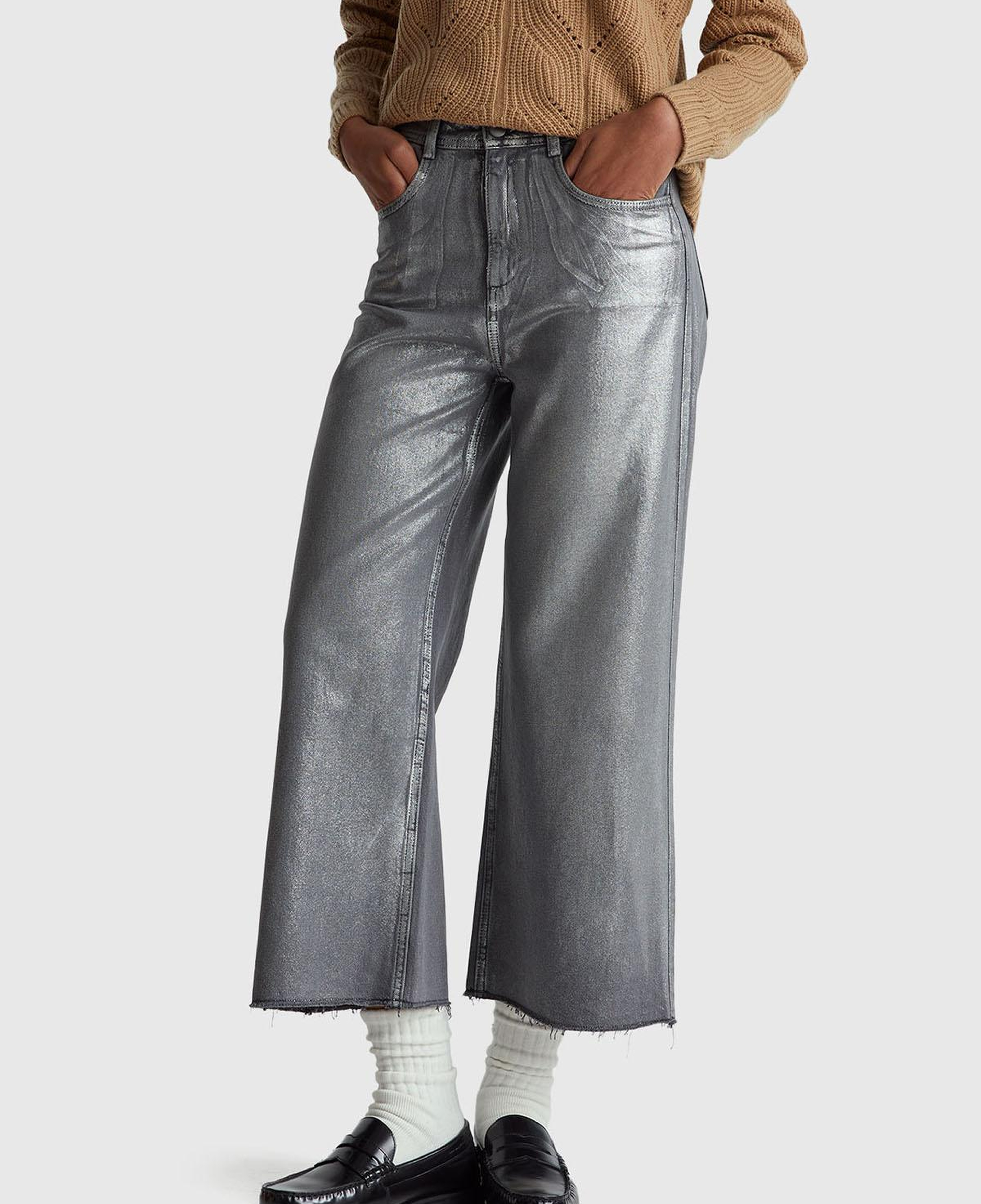 Kadın Koyu Gri %100 Pamuk Wide Leg Orta-Yüksek Bel Denim Pantolon