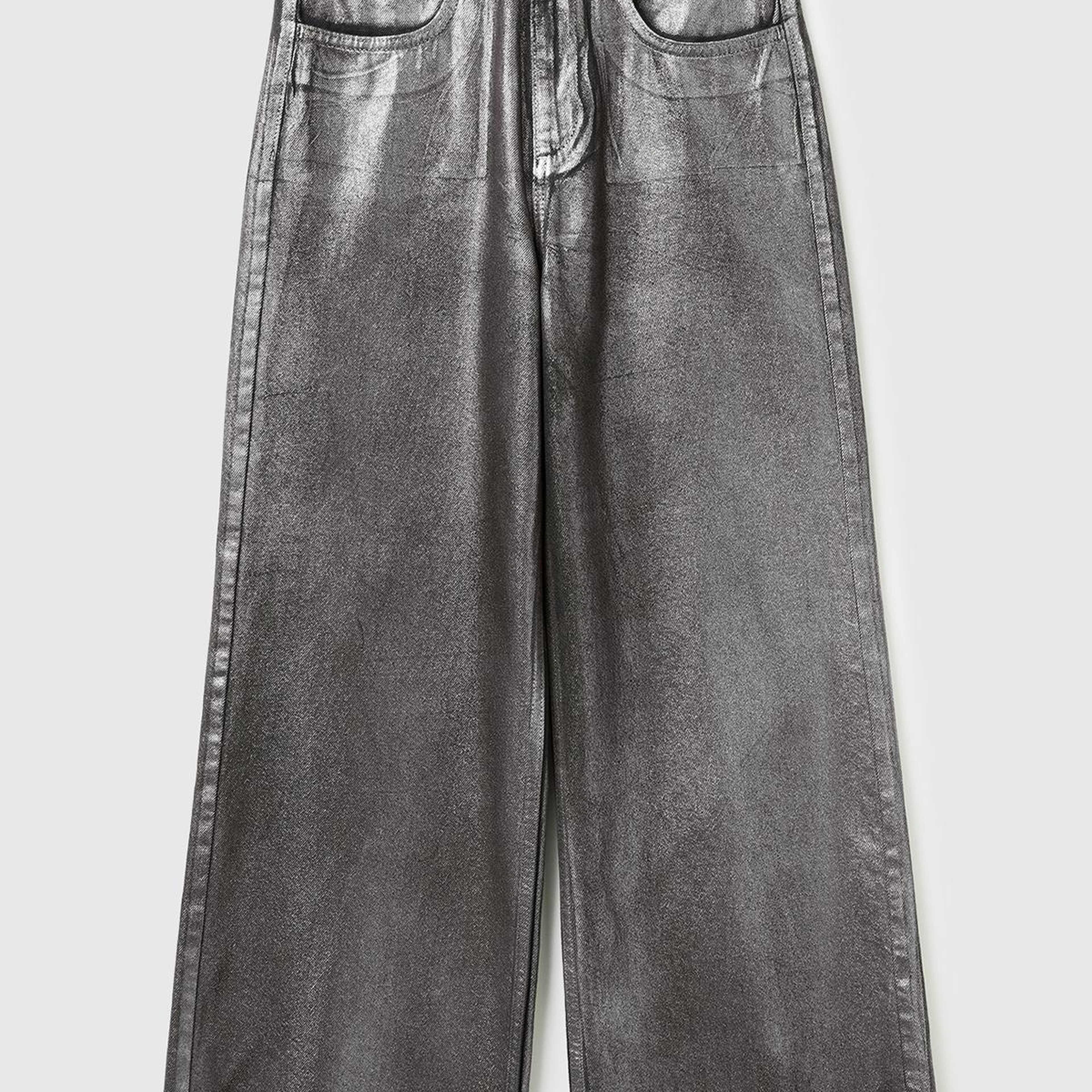 Kadın Koyu Gri %100 Pamuk Wide Leg Orta-Yüksek Bel Denim Pantolon