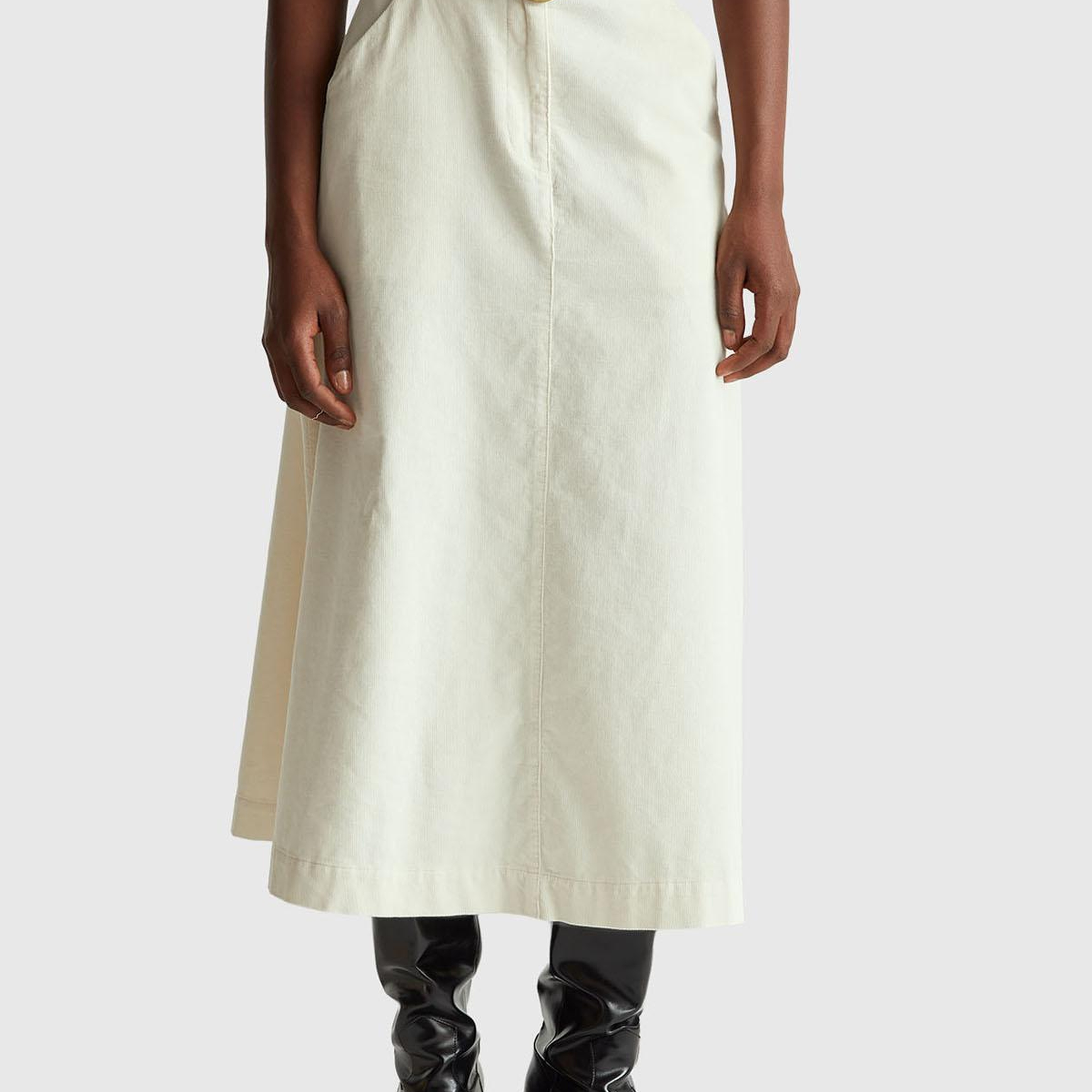 Kadın Krem %100 Pamuk Kadife Kloş Fermuarlı Midi Etek