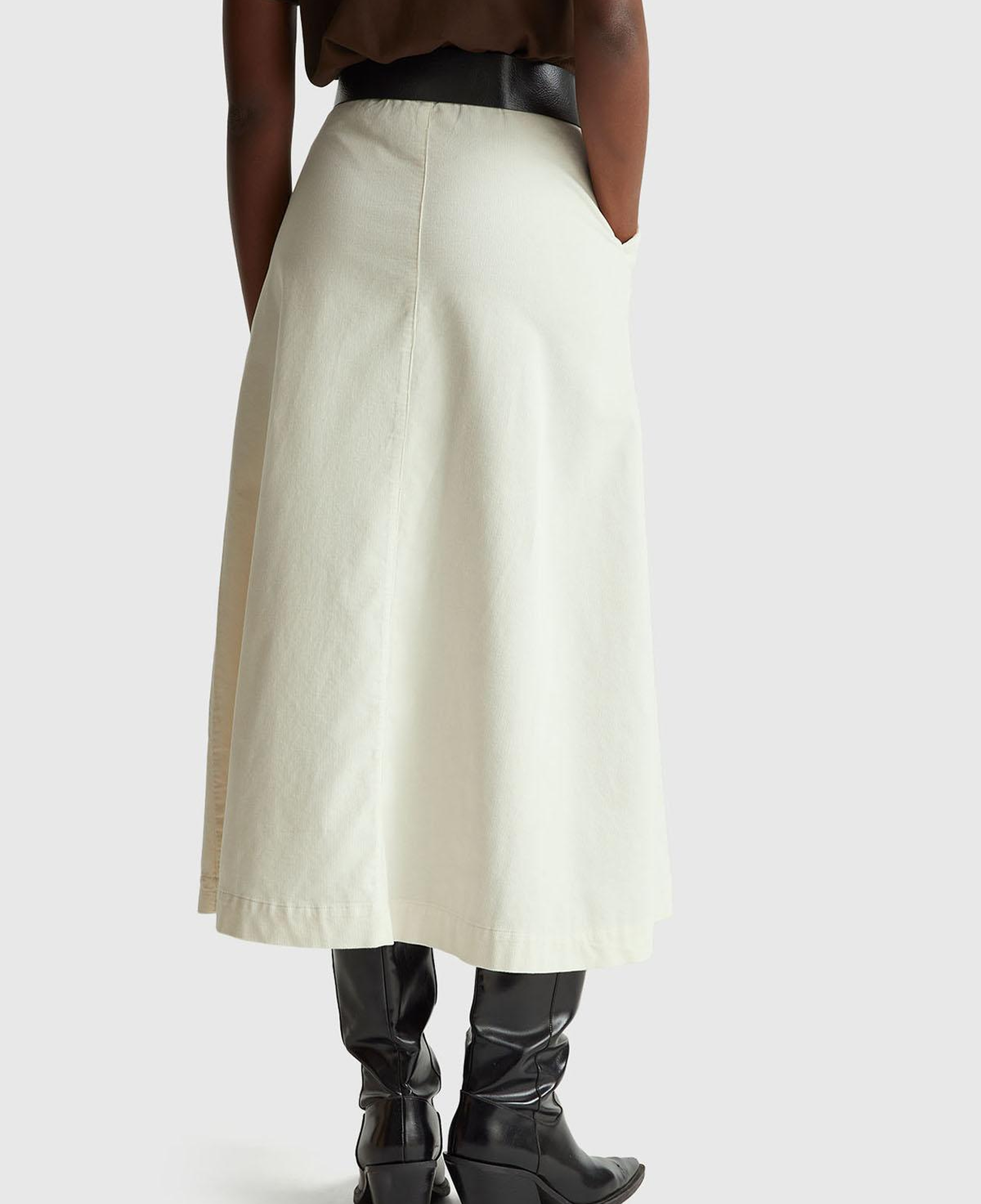 Kadın Krem %100 Pamuk Kadife Kloş Fermuarlı Midi Etek