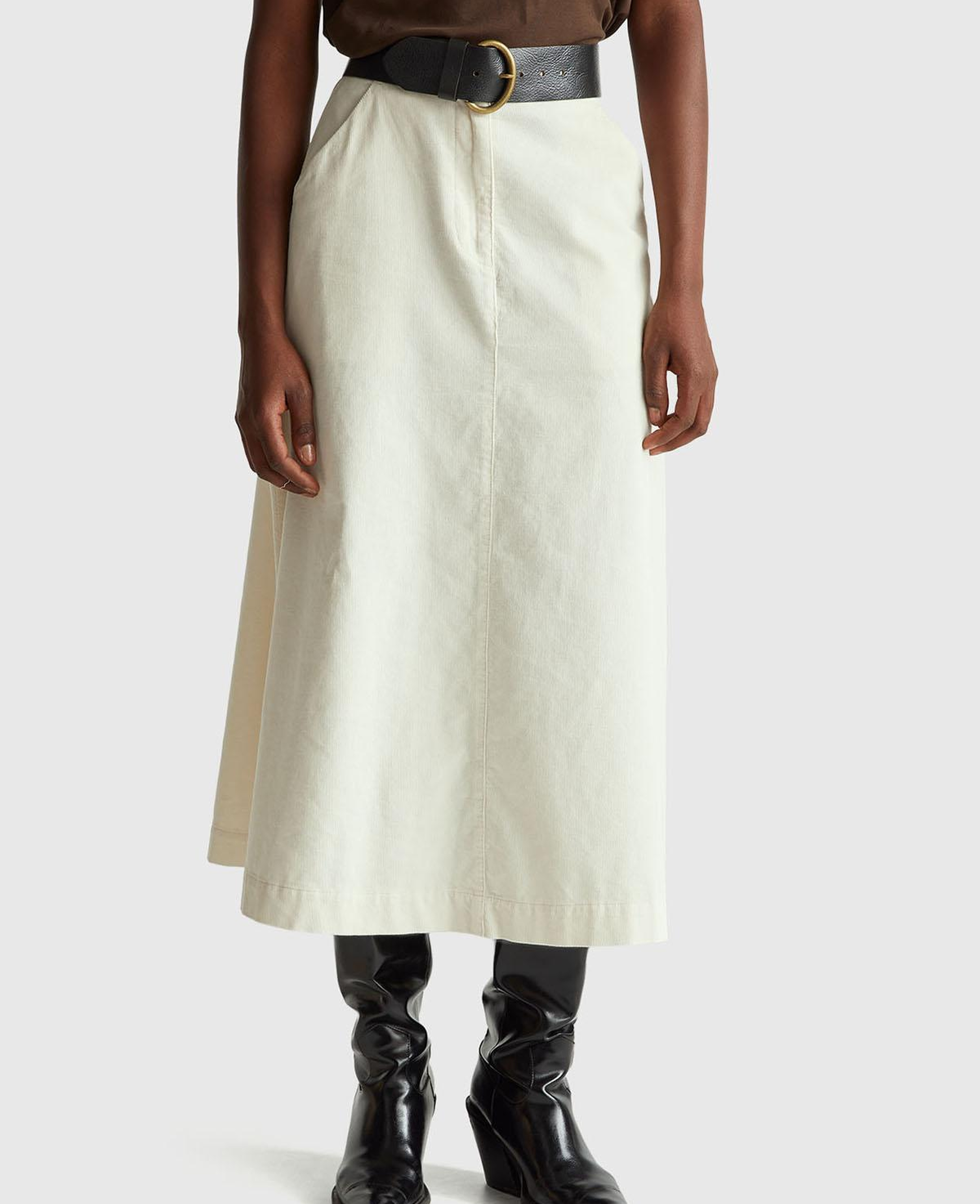 Kadın Krem %100 Pamuk Kadife Kloş Fermuarlı Midi Etek