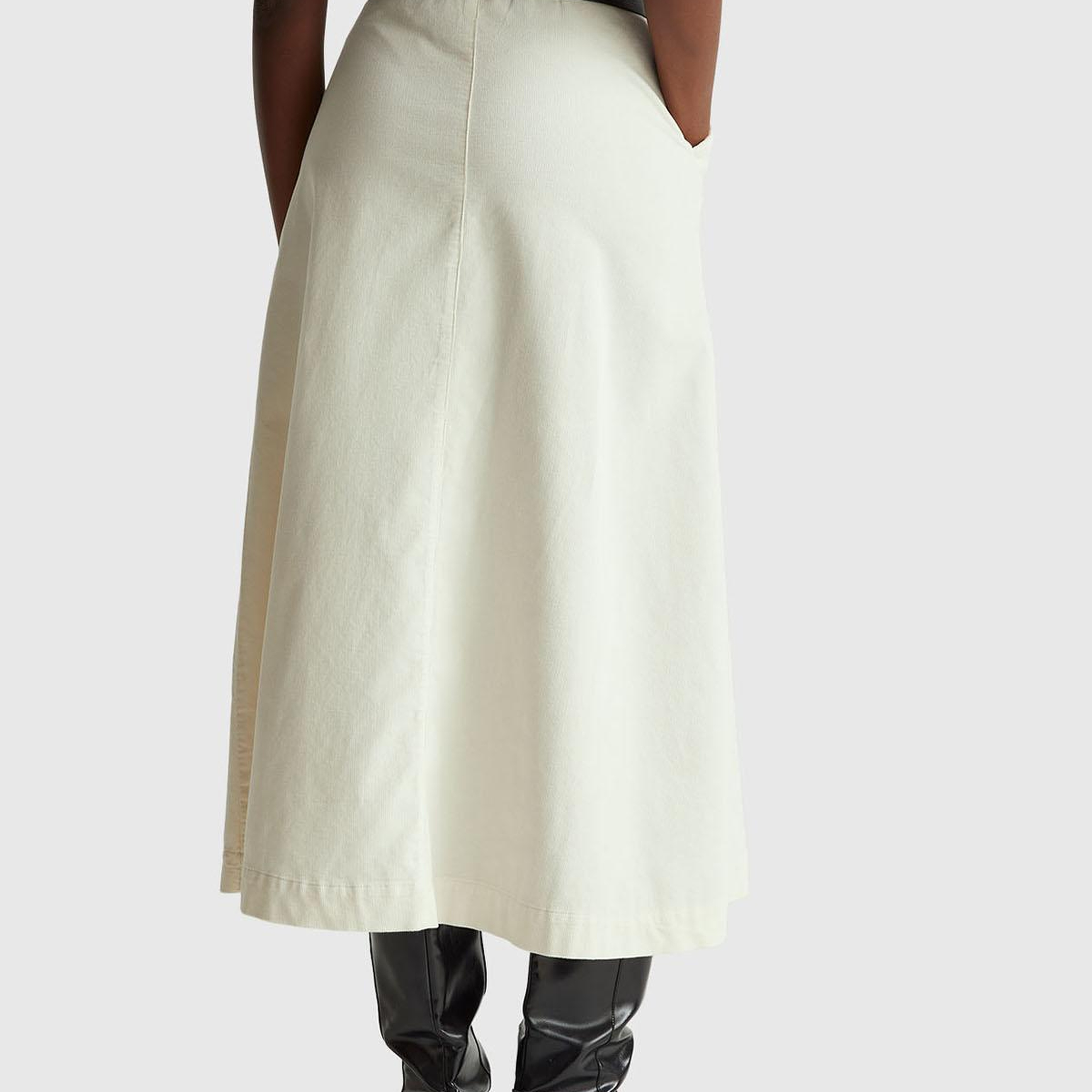 Kadın Krem %100 Pamuk Kadife Kloş Fermuarlı Midi Etek