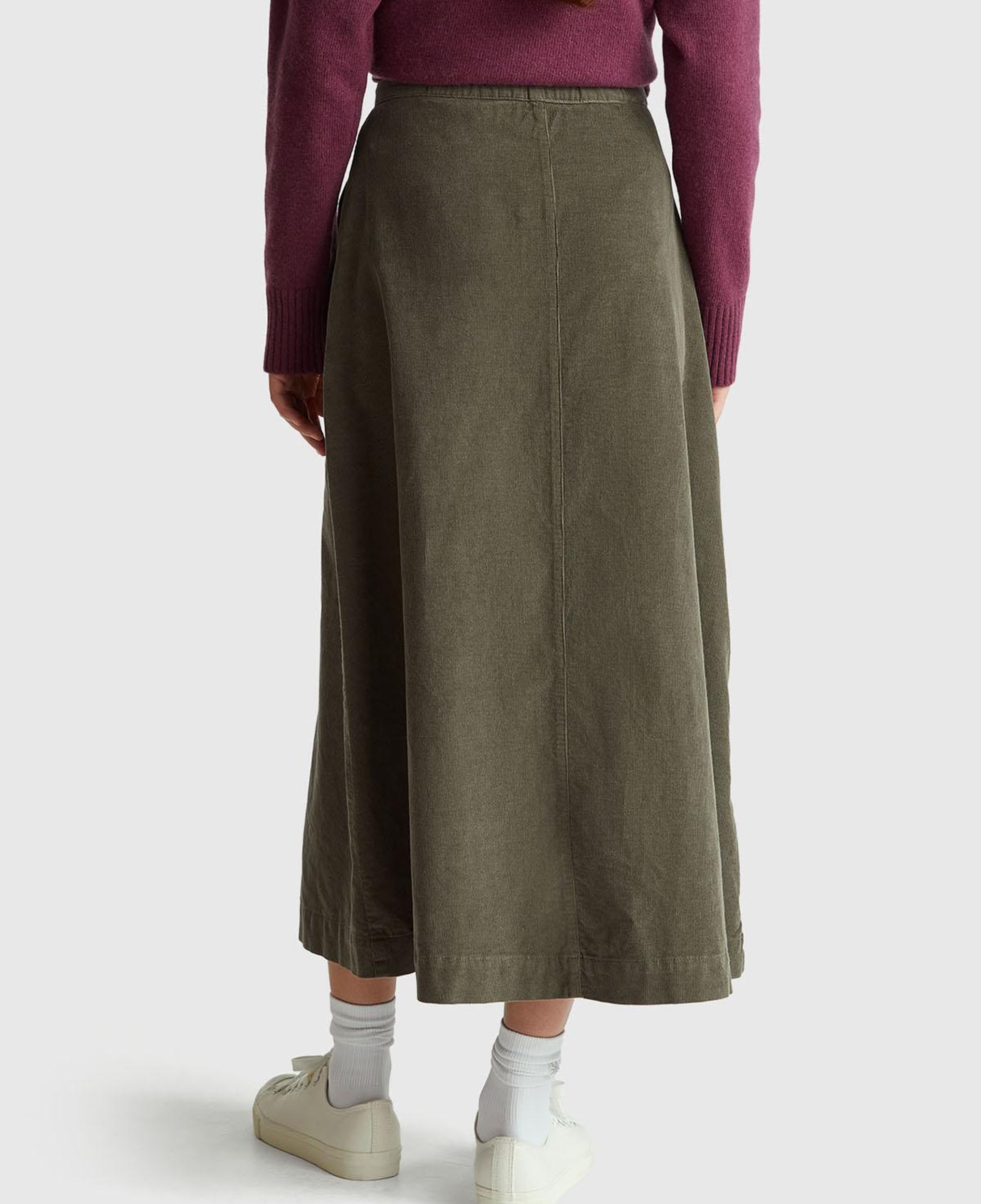 Kadın Haki %100 Pamuk Kadife Kloş Fermuarlı Midi Etek