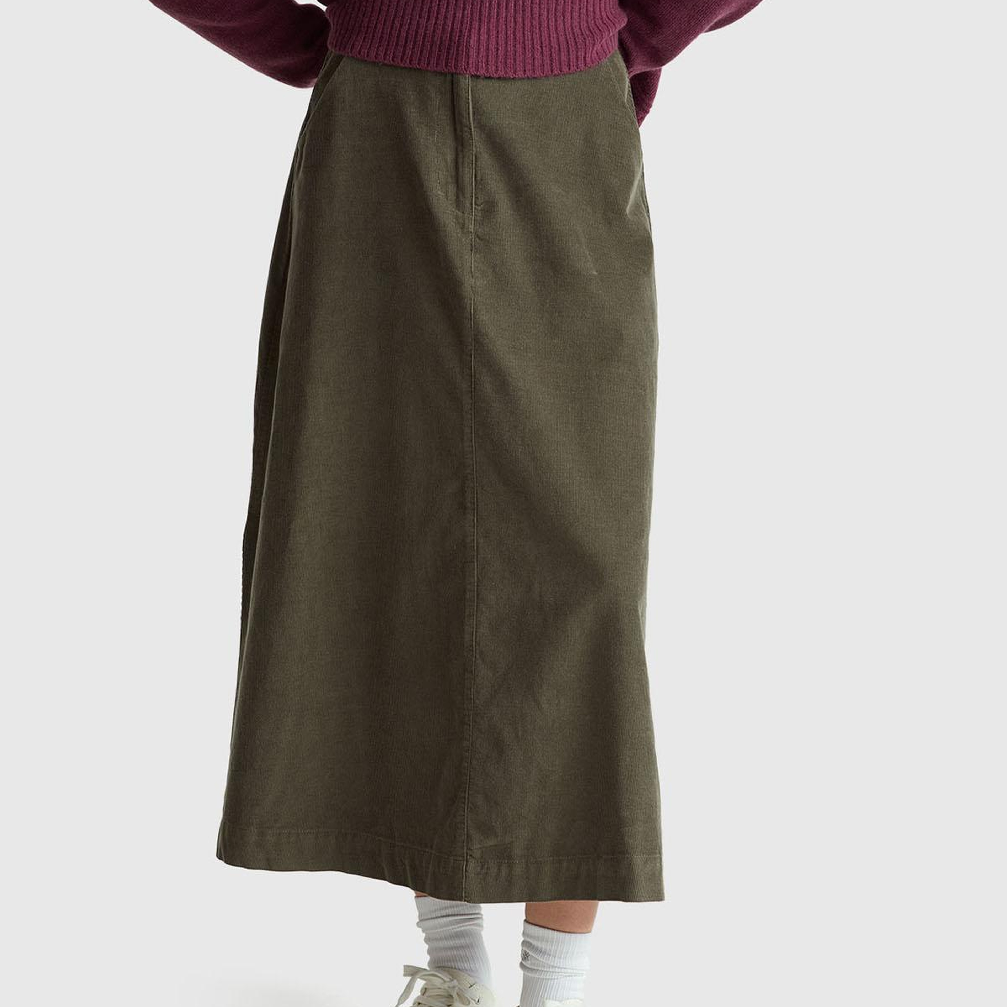 Kadın Haki %100 Pamuk Kadife Kloş Fermuarlı Midi Etek