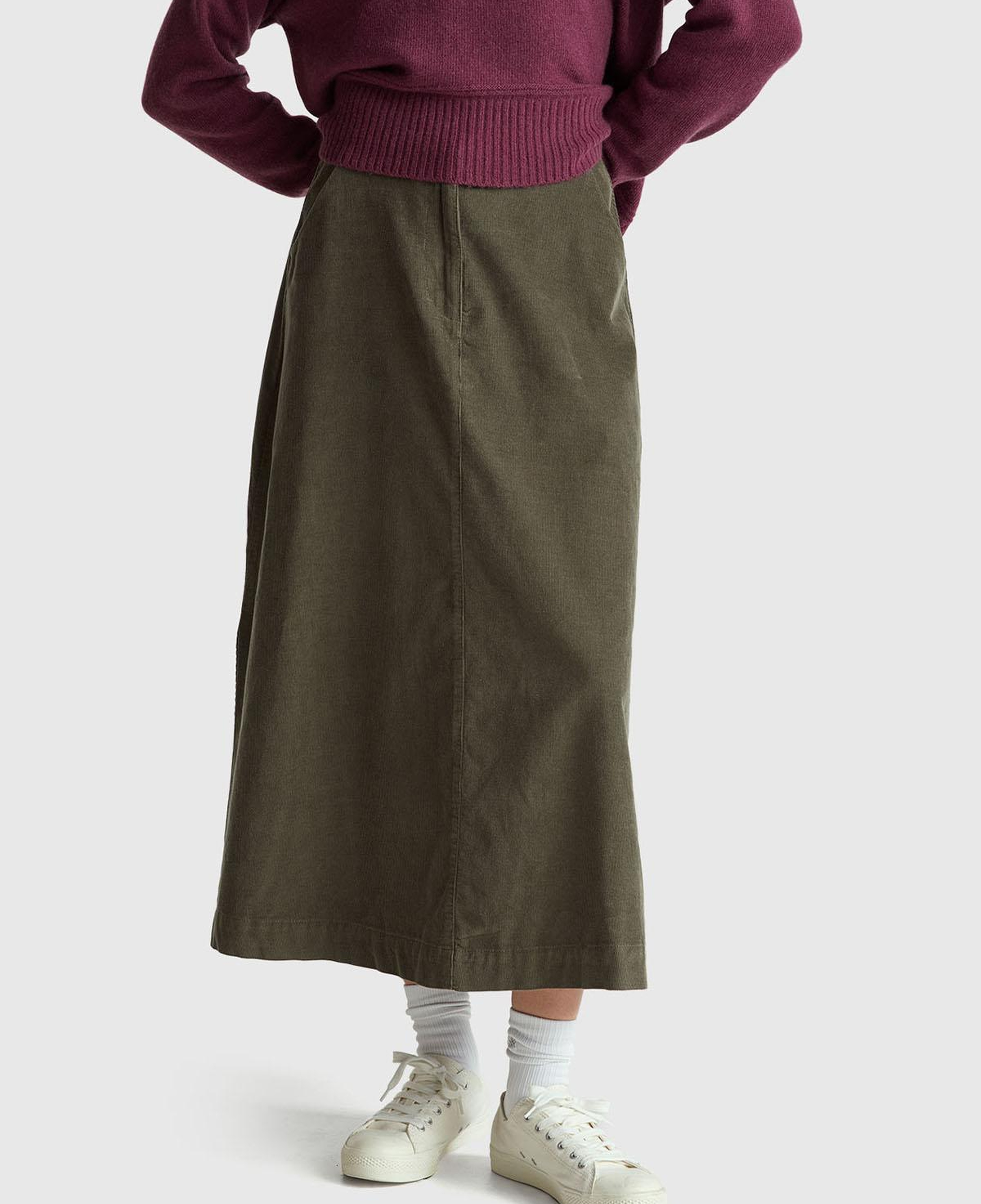 Kadın Haki %100 Pamuk Kadife Kloş Fermuarlı Midi Etek