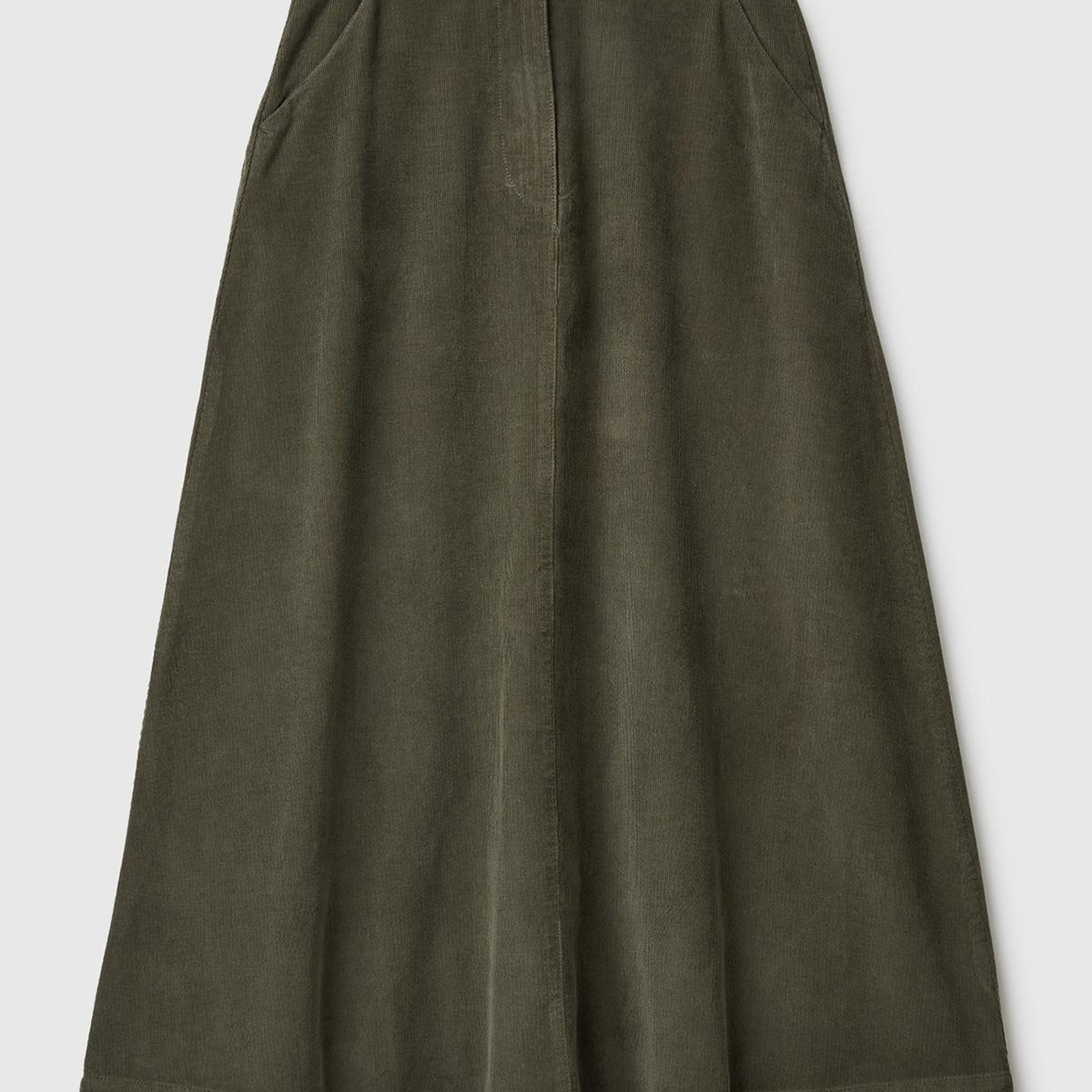 Kadın Haki %100 Pamuk Kadife Kloş Fermuarlı Midi Etek