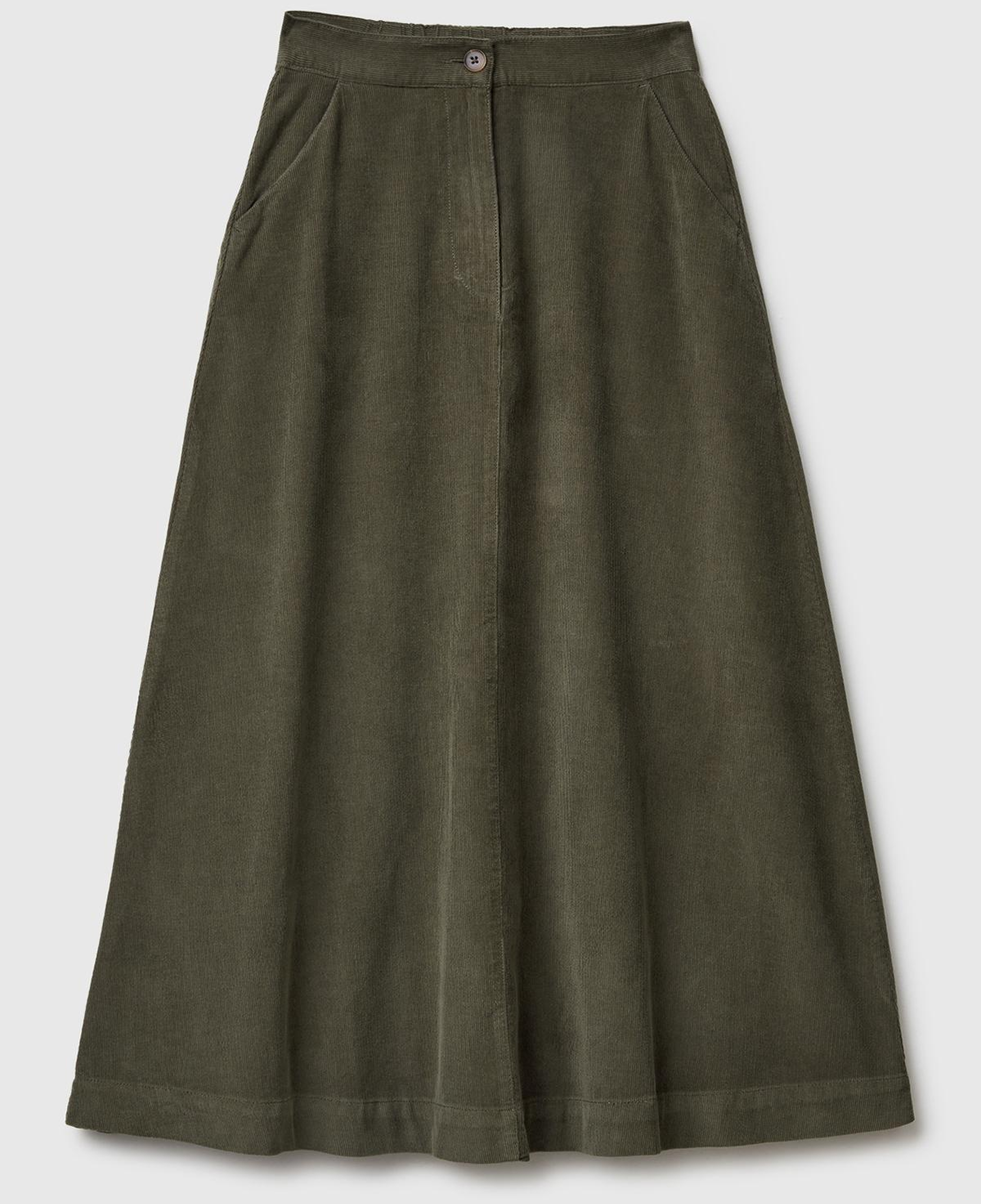 Kadın Haki %100 Pamuk Kadife Kloş Fermuarlı Midi Etek