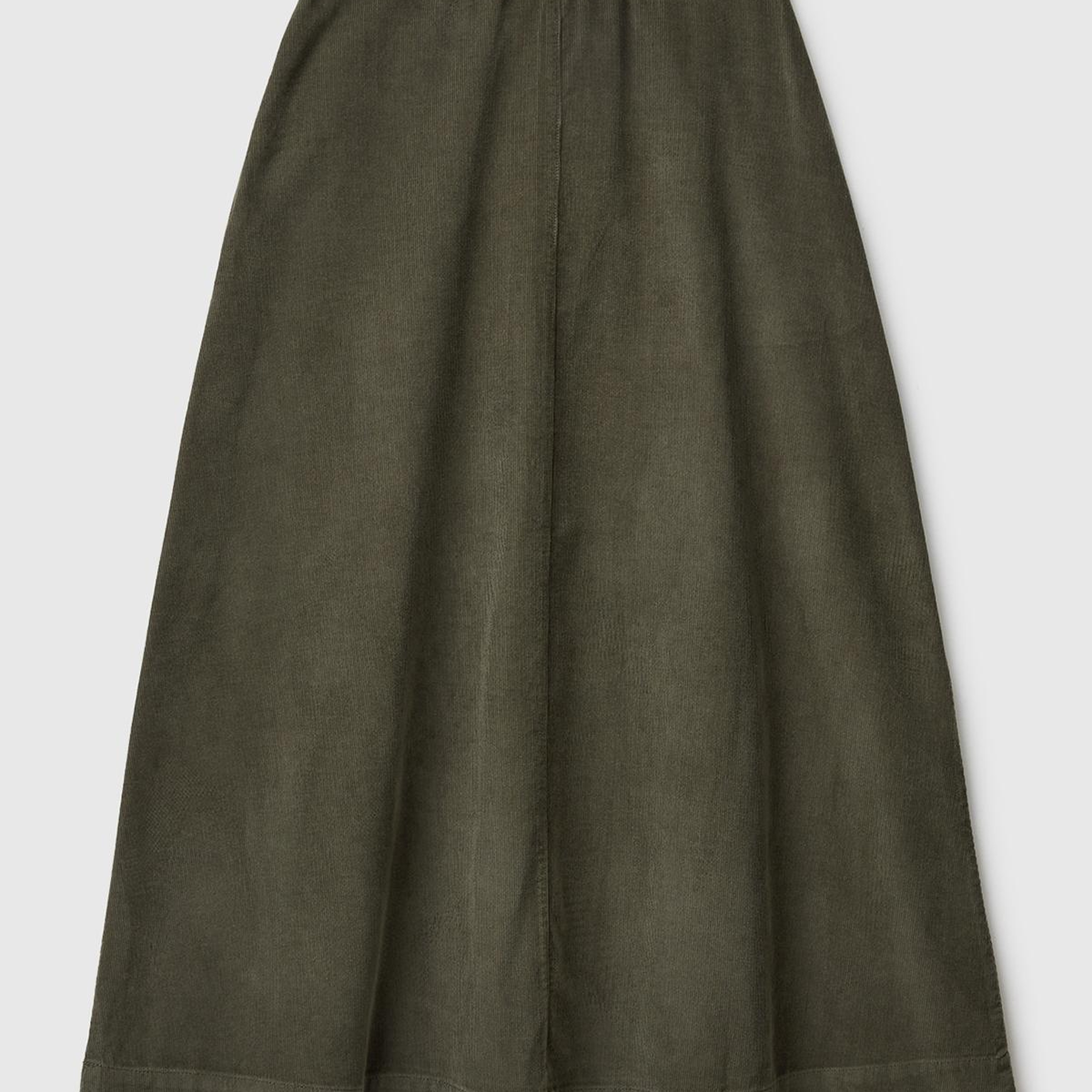 Kadın Haki %100 Pamuk Kadife Kloş Fermuarlı Midi Etek