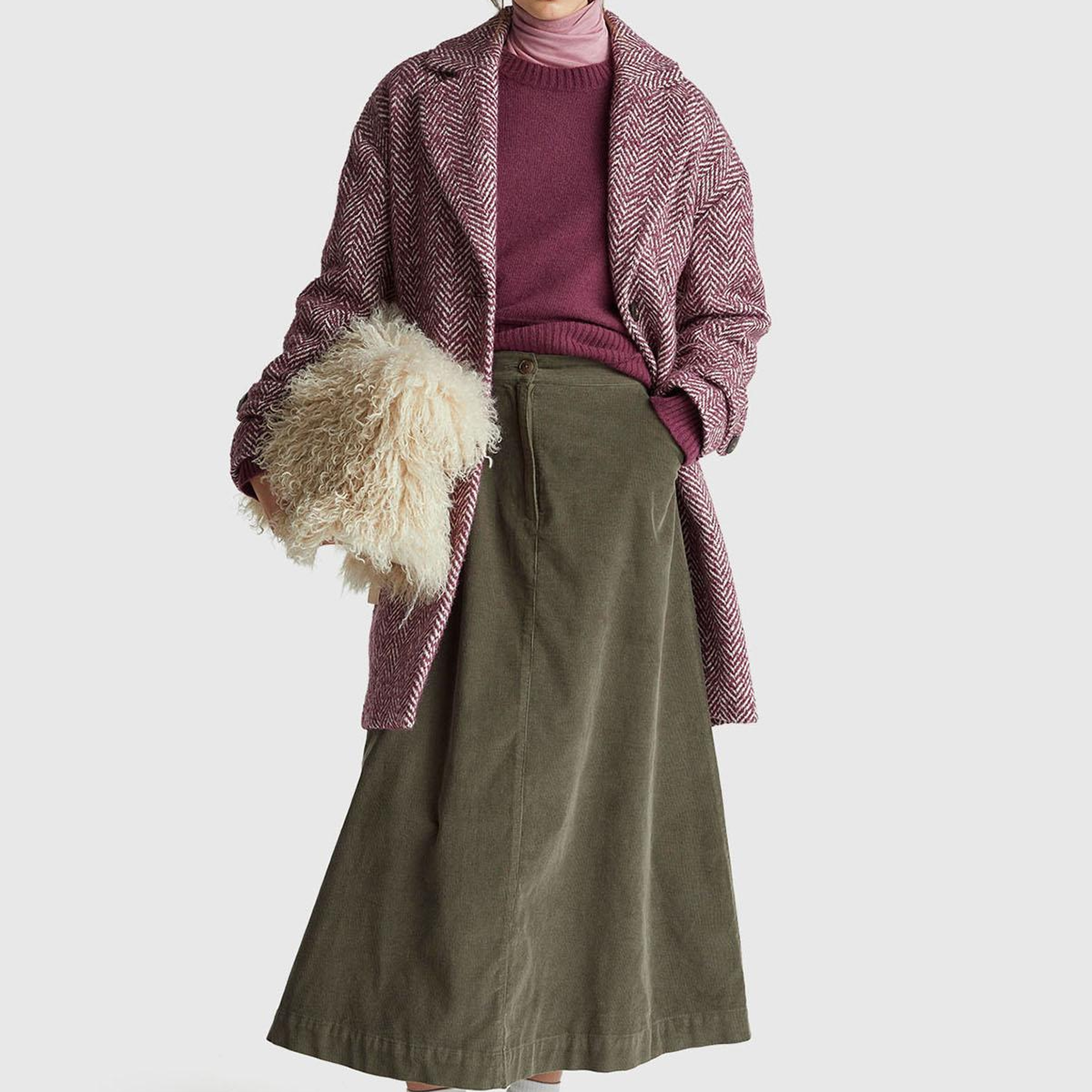 Kadın Haki %100 Pamuk Kadife Kloş Fermuarlı Midi Etek