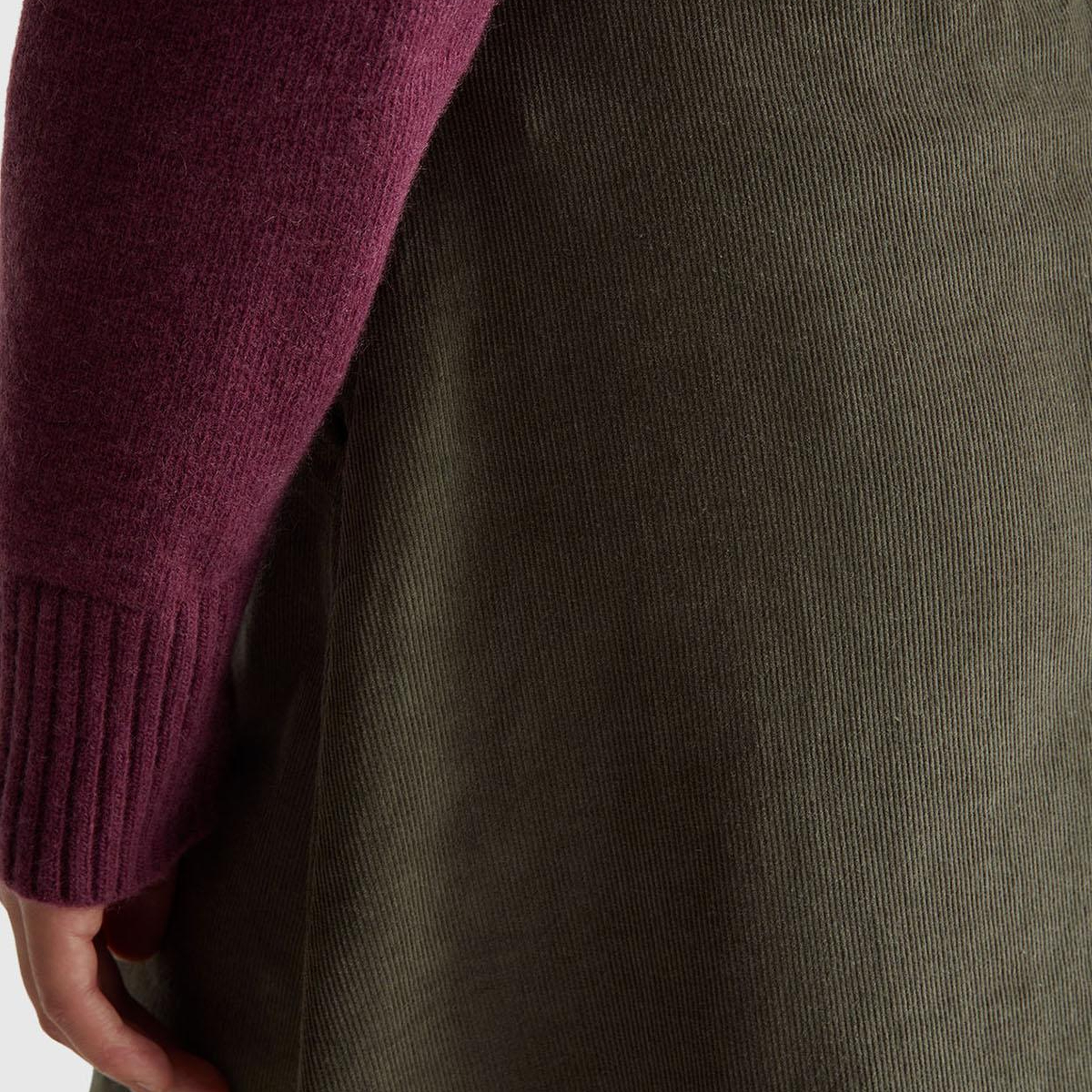 Kadın Haki %100 Pamuk Kadife Kloş Fermuarlı Midi Etek